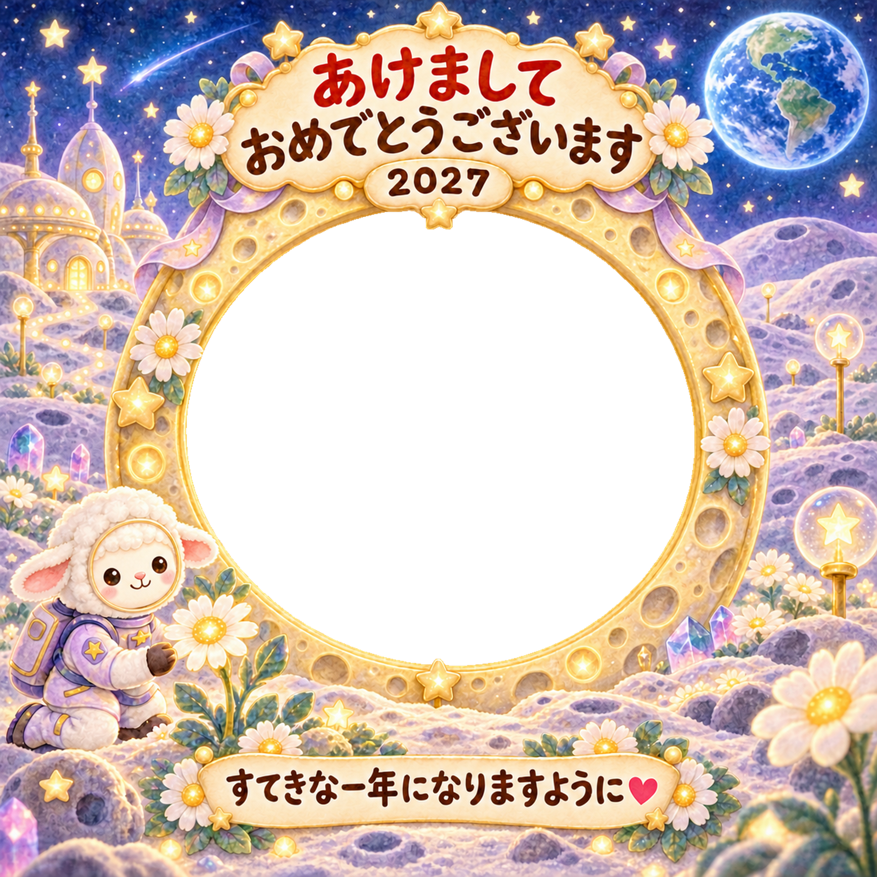 月の花畑でお散歩の写真年賀状｜2027未年・かわいい羊の無料イラスト 98549に写真・文字を入れる