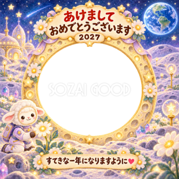 月の花畑でお散歩の写真年賀状｜2027未年・かわいい羊の無料イラスト 98549