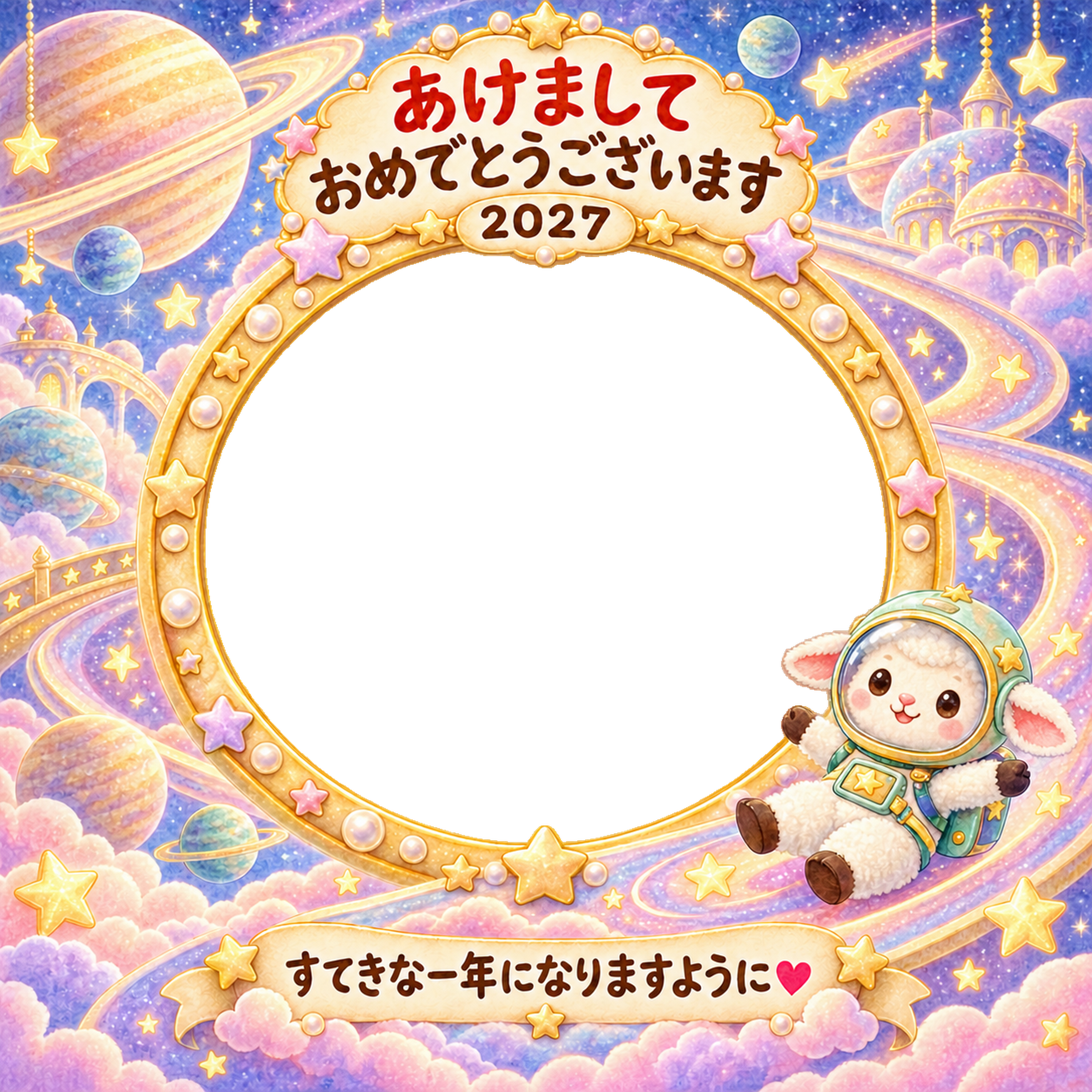 土星の輪のすべり台の写真年賀状｜2027未年・かわいい羊の無料イラスト 98550に写真・文字を入れる