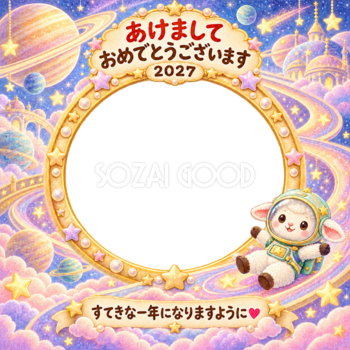 土星の輪のすべり台の写真年賀状｜2027未年・かわいい羊の無料イラスト 98550