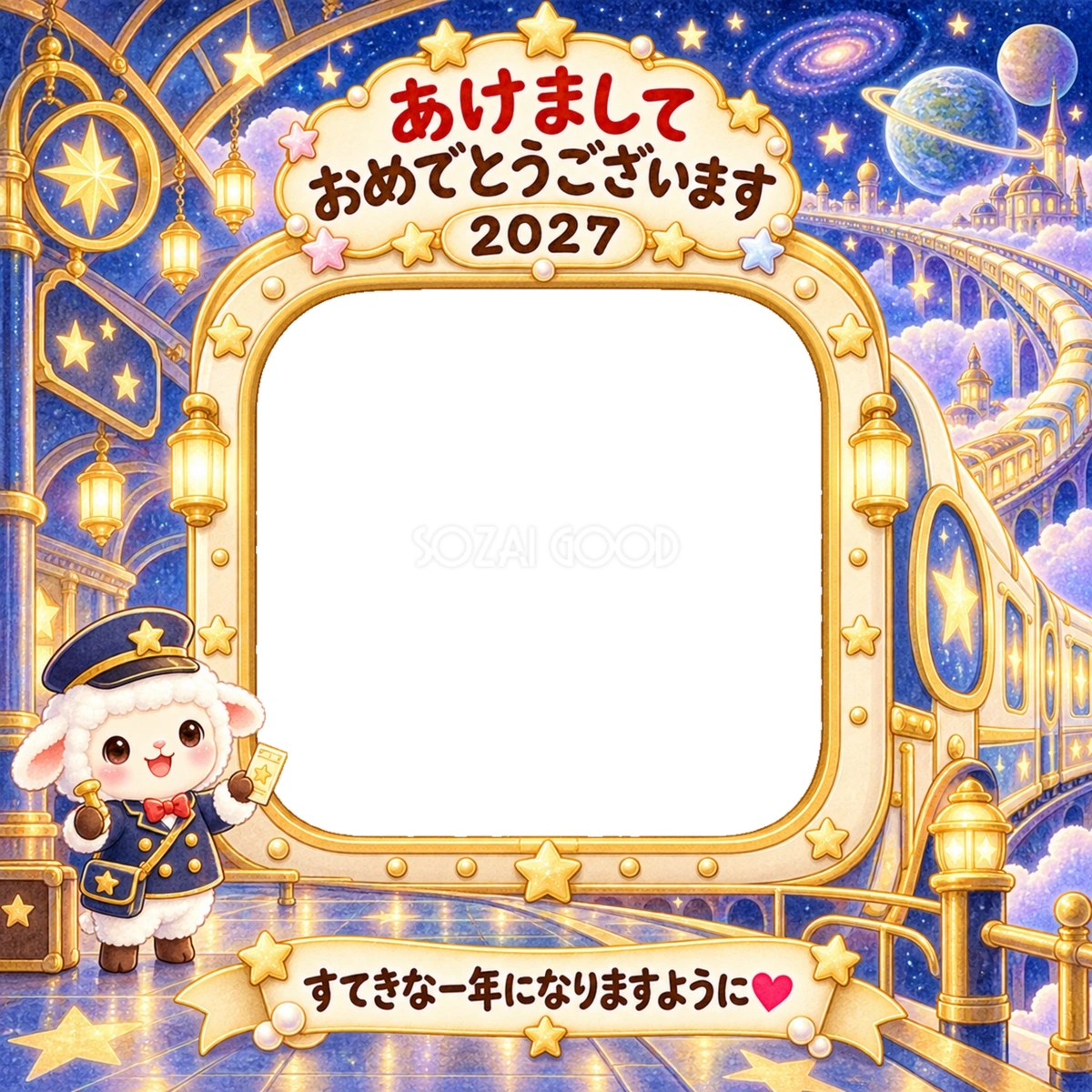 星の駅の車掌さんの写真年賀状｜2027未年・かわいい羊の無料イラスト 98551