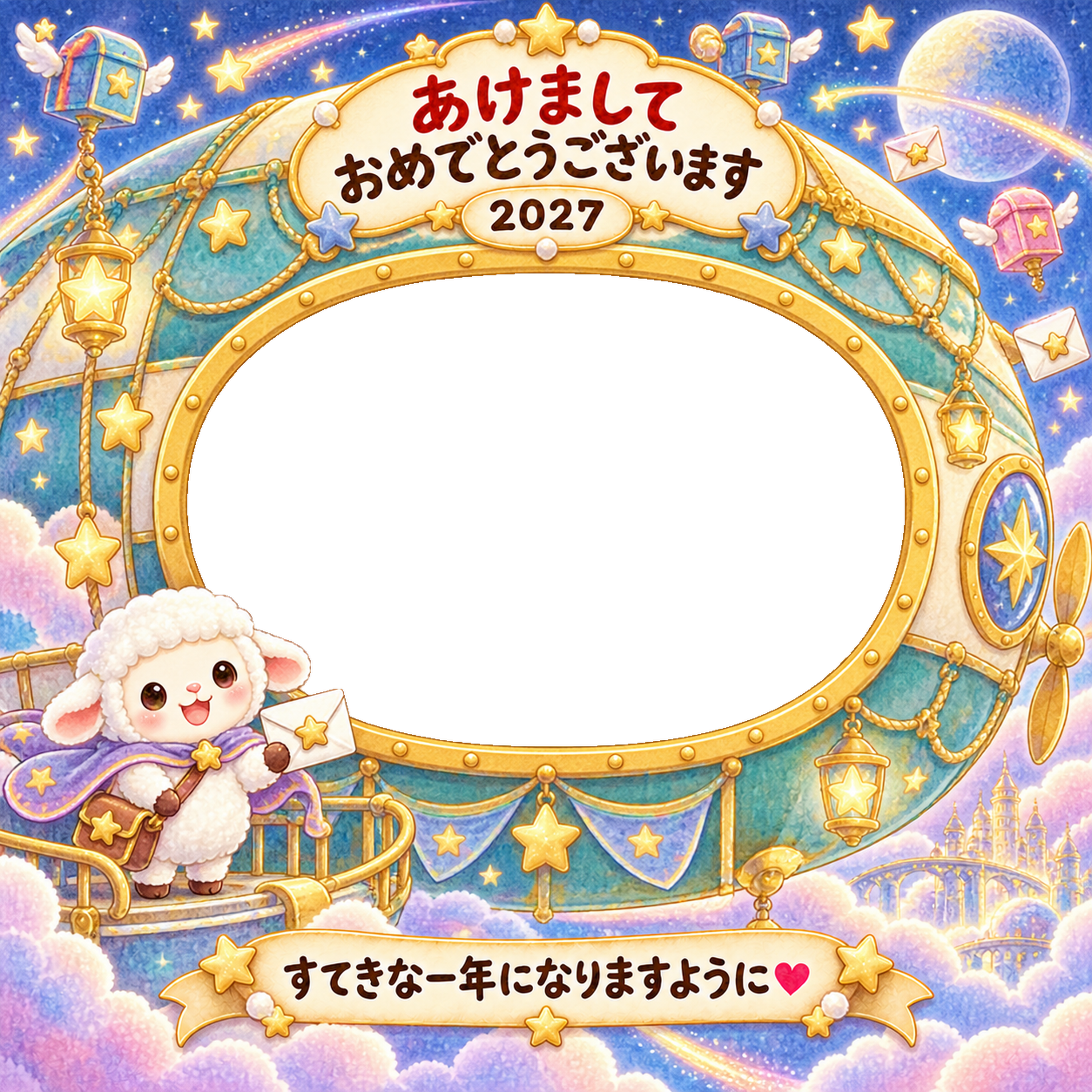 流れ星の郵便配達の写真年賀状｜2027未年・かわいい羊の無料イラスト 98553に写真・文字を入れる
