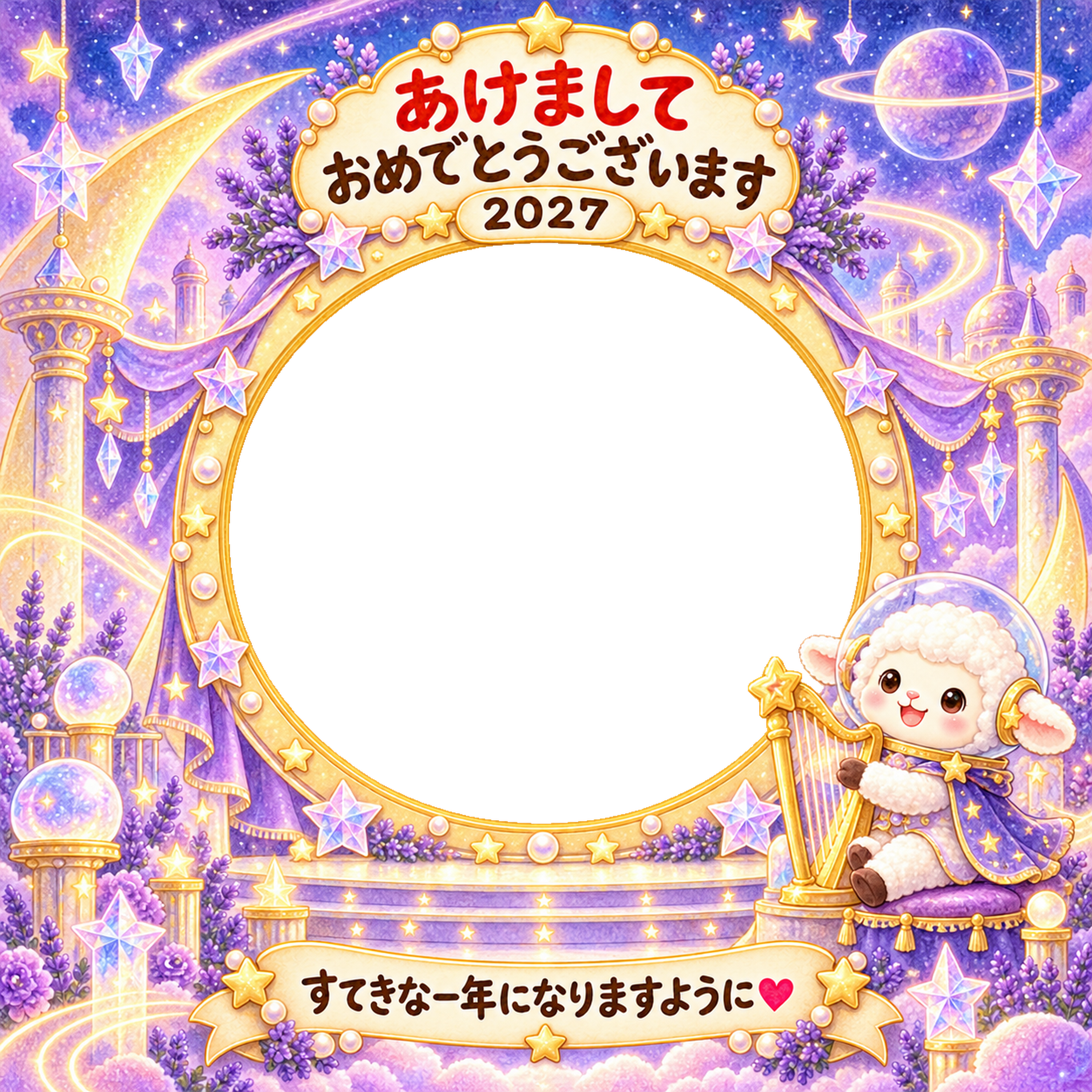 星の音楽会の写真年賀状｜2027未年・かわいい羊の無料イラスト 98554に写真・文字を入れる
