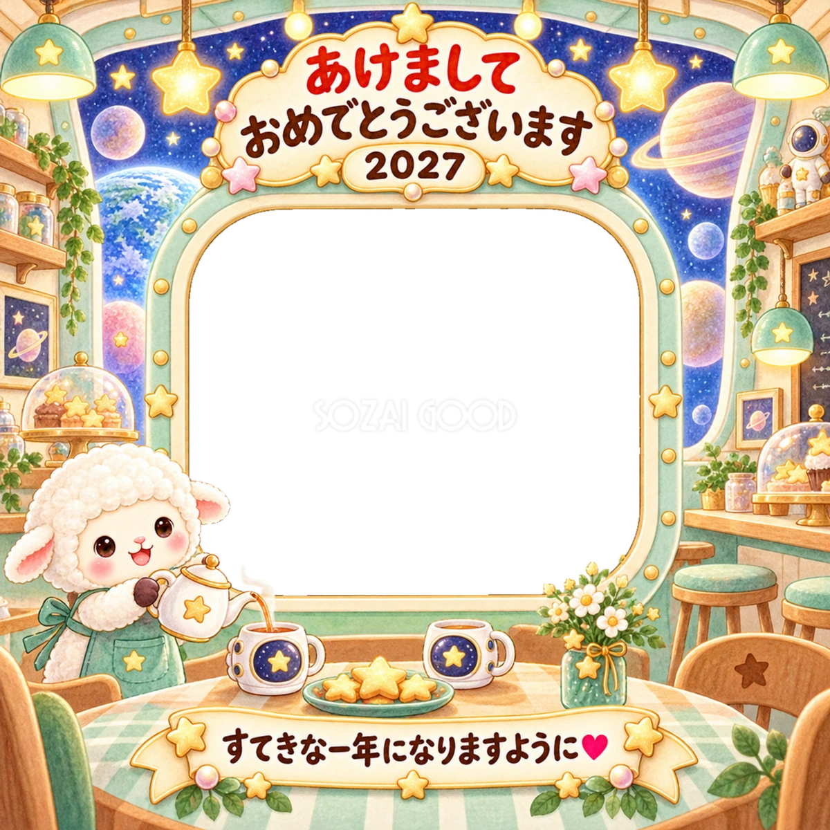 雲の宇宙カフェの写真年賀状｜2027未年・かわいい羊の無料イラスト 98555