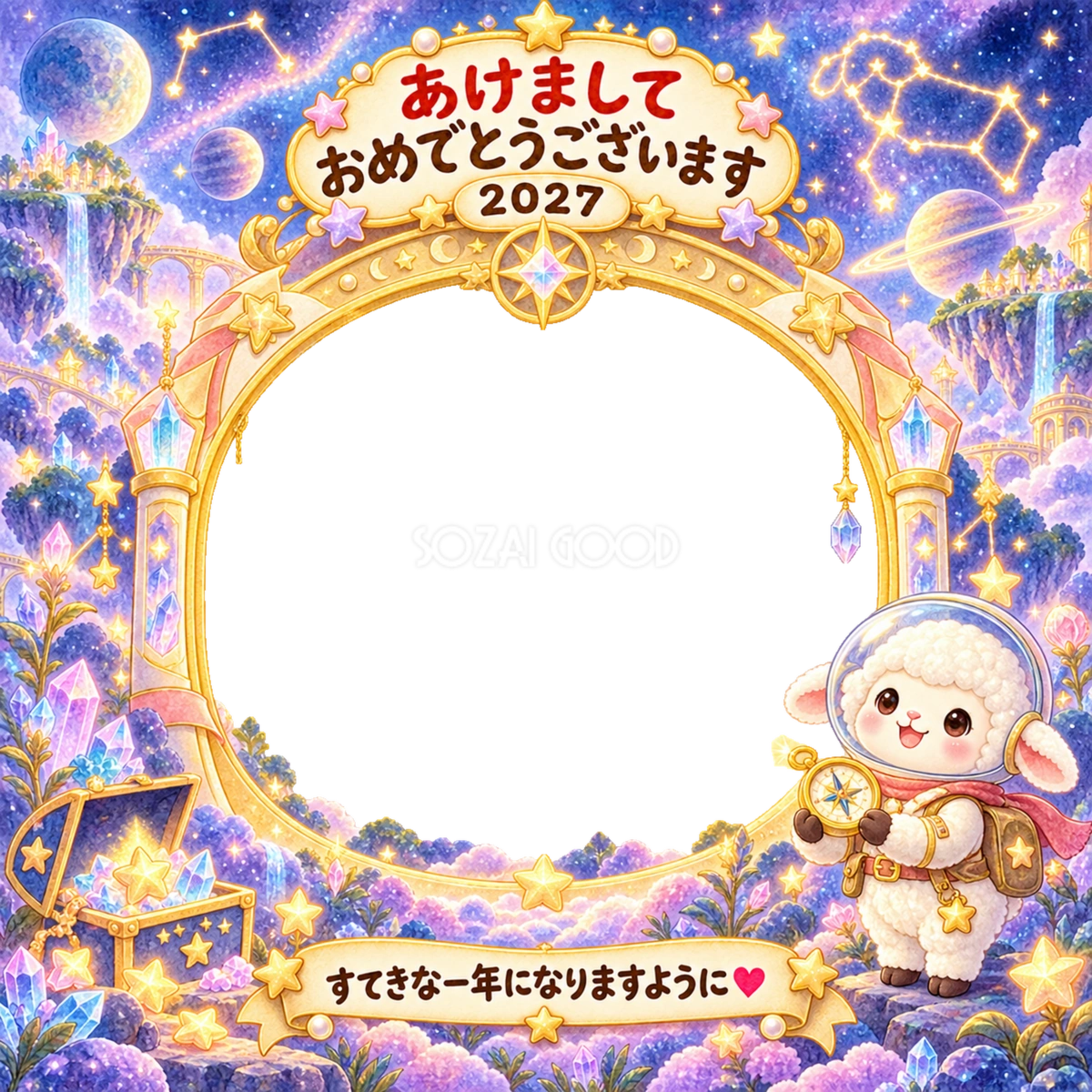 銀河の宝探しの写真年賀状｜2027未年・かわいい羊の無料イラスト 98556