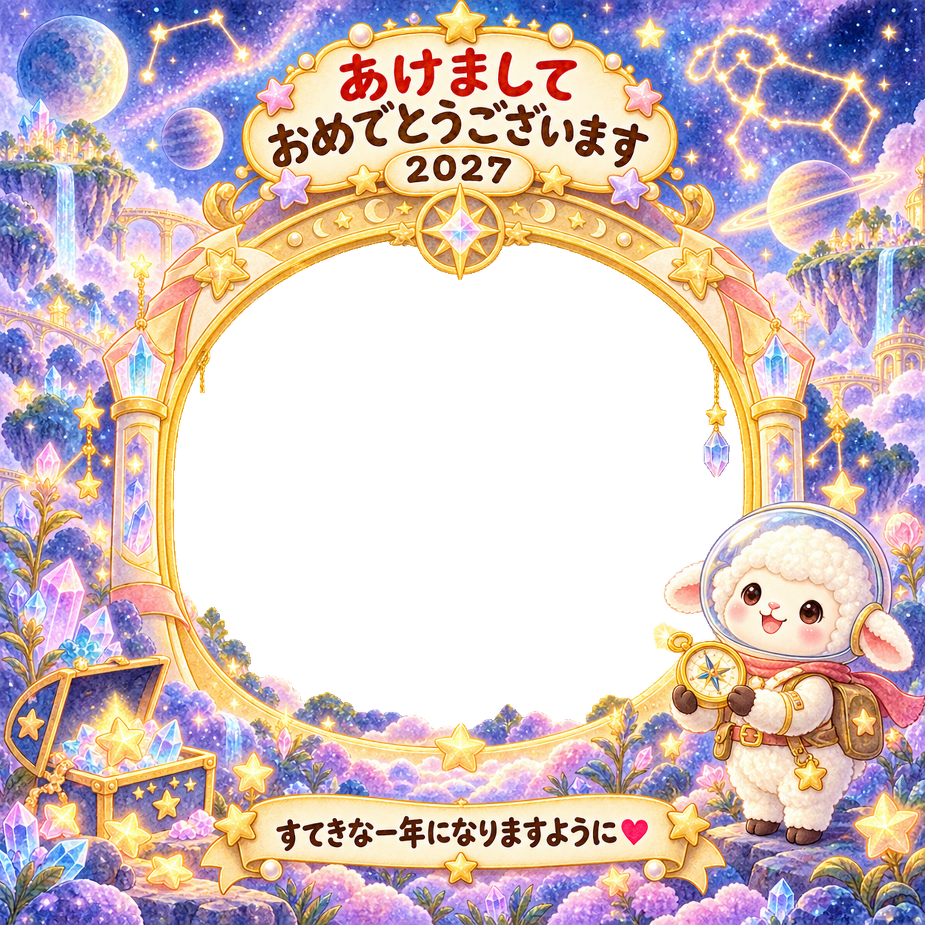 銀河の宝探しの写真年賀状｜2027未年・かわいい羊の無料イラスト 98556に写真・文字を入れる