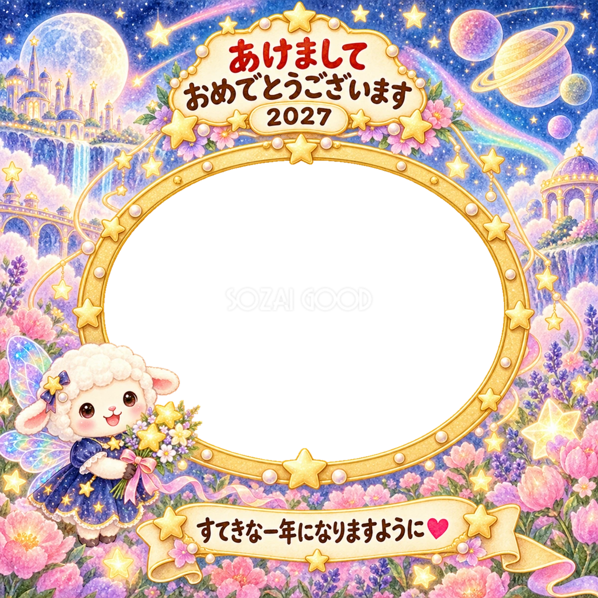 宇宙の妖精に変身の写真年賀状|2027未年・かわいい羊の無料イラスト 98557