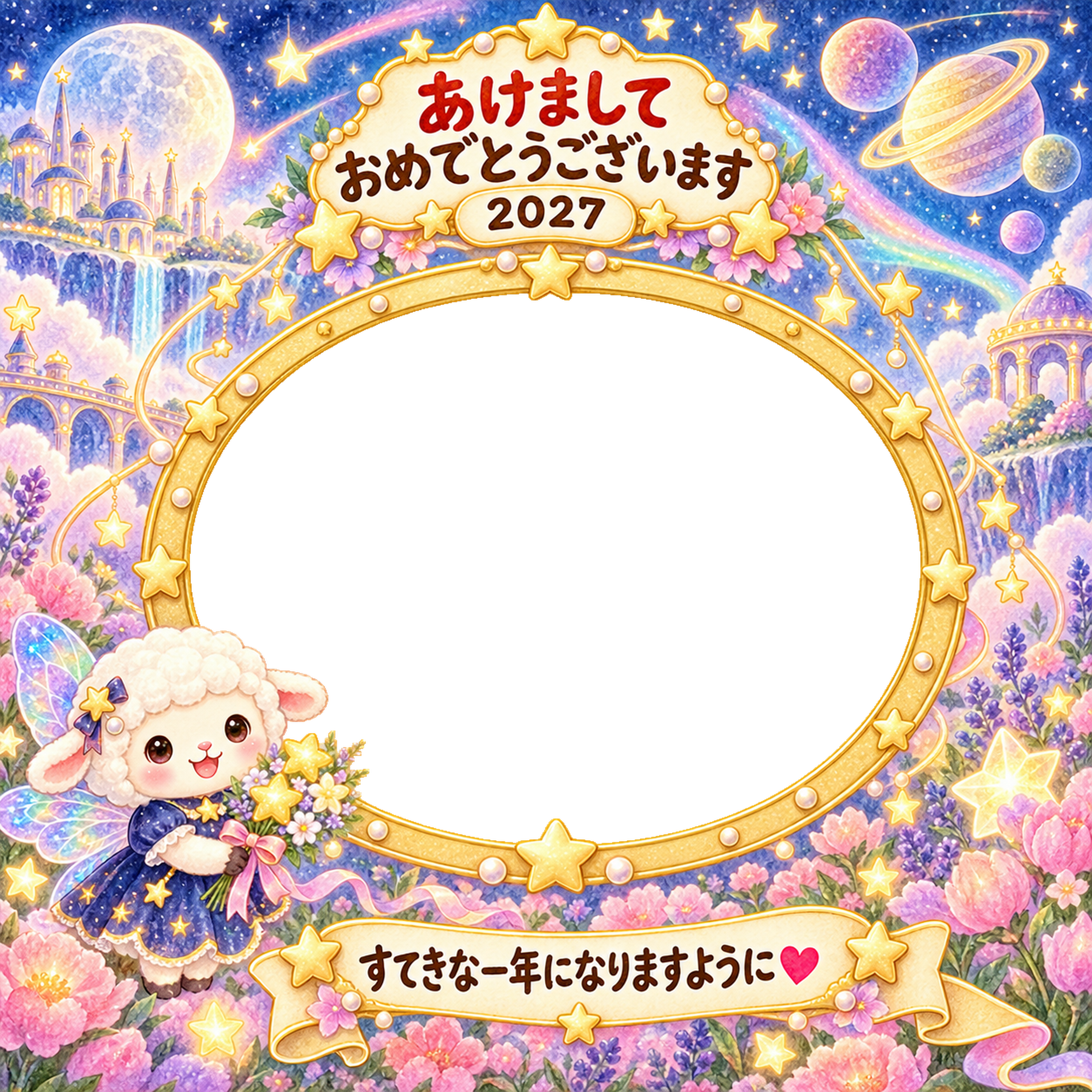 宇宙の妖精に変身の写真年賀状｜2027未年・かわいい羊の無料イラスト 98557に写真・文字を入れる