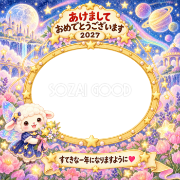 宇宙の妖精に変身の写真年賀状｜2027未年・かわいい羊の無料イラスト 98557