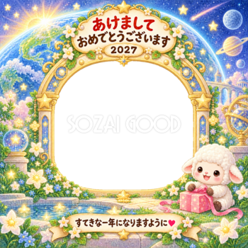 地球へ新年の贈り物の写真年賀状｜2027未年・かわいい羊の無料イラスト 98559