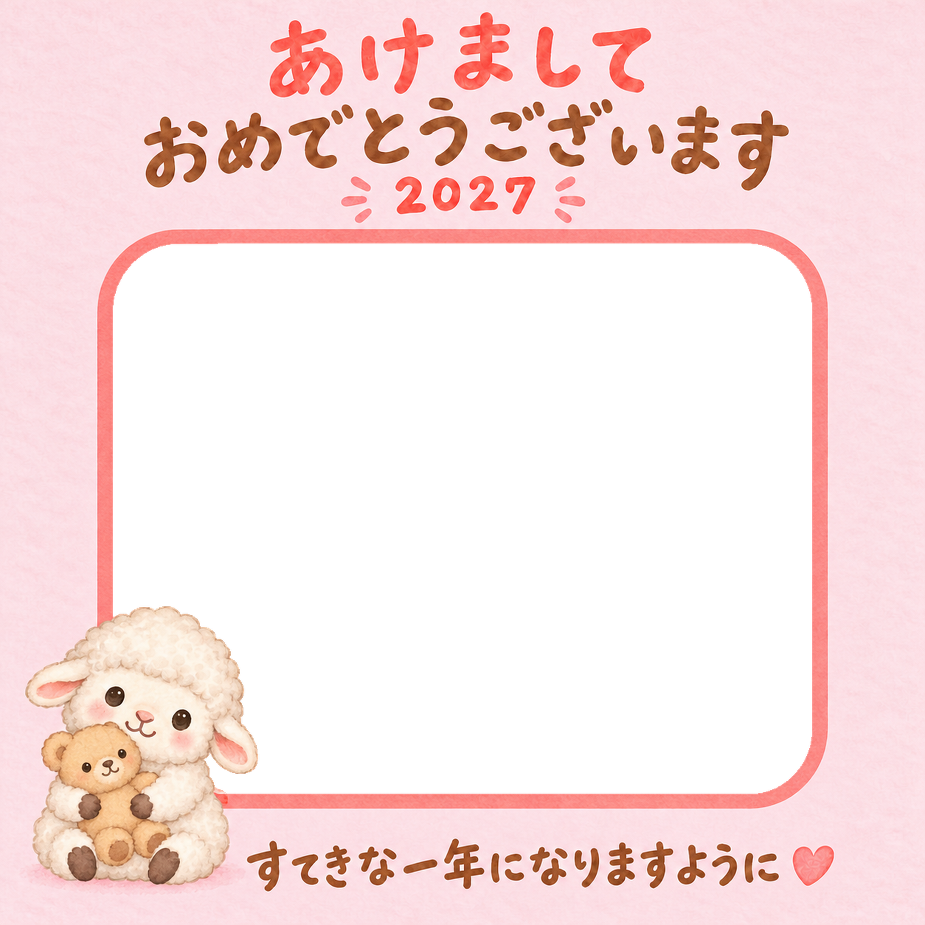 ぬいぐるみと一緒とかわいい羊の写真入り年賀状｜2027未年・無料イラスト 98571に写真・文字を入れる