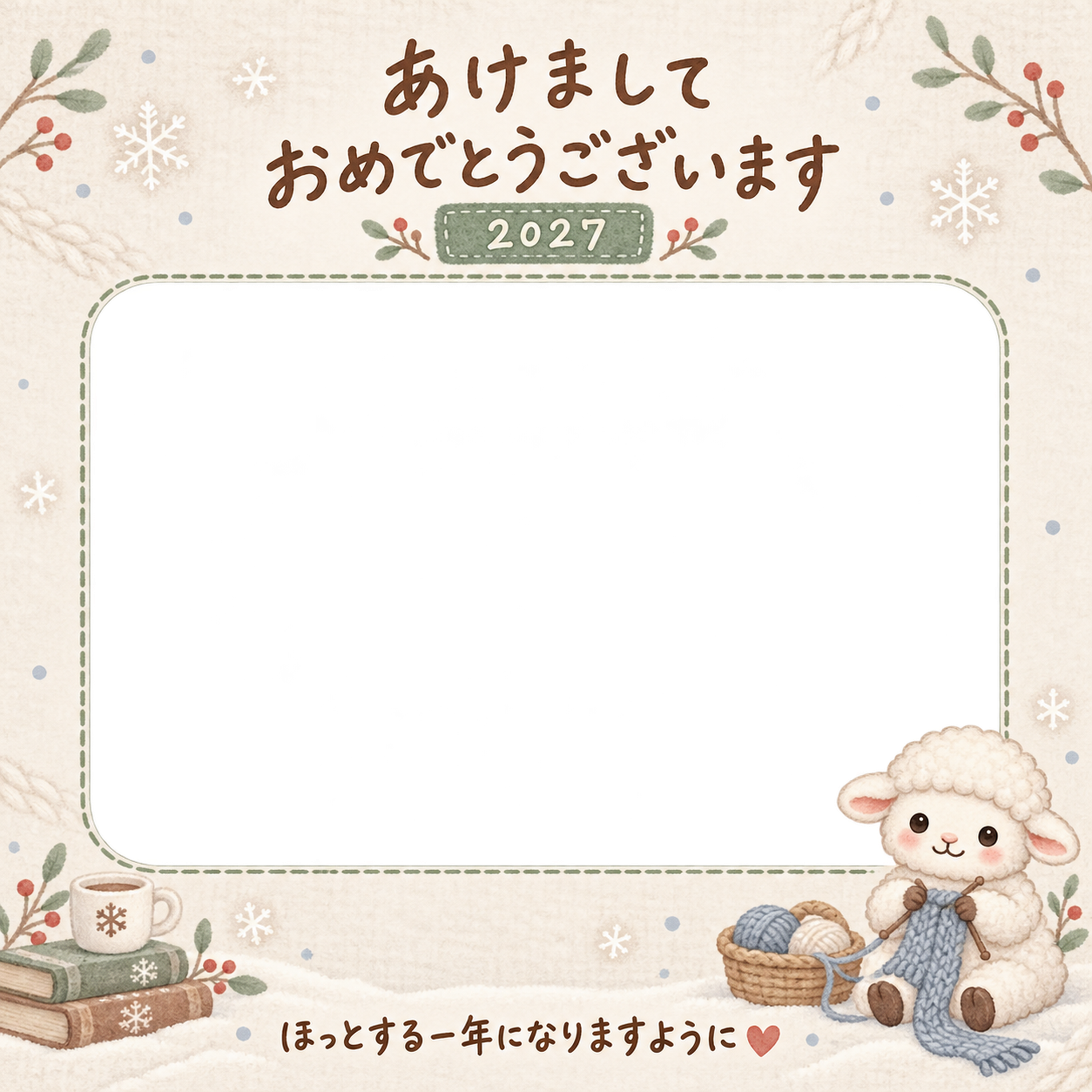 毛糸かごで編み物する羊の写真入り年賀状｜2027未年・無料イラスト 98576に写真・文字を入れる