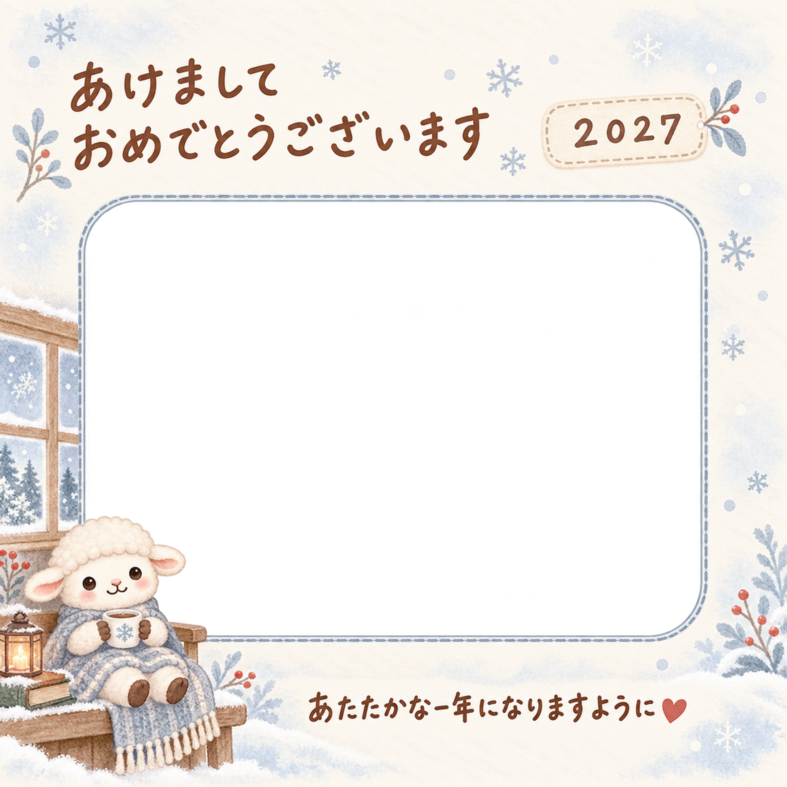 窓辺でひざ掛けにくるまる羊の写真入り年賀状｜2027未年・無料イラスト 98577に写真・文字を入れる