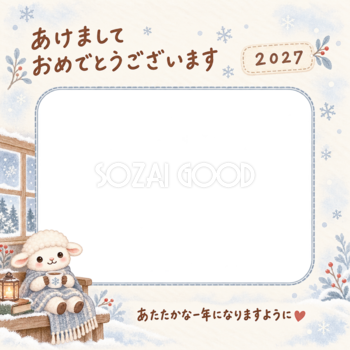 窓辺でひざ掛けにくるまる羊の写真入り年賀状｜2027未年・無料イラスト 98577