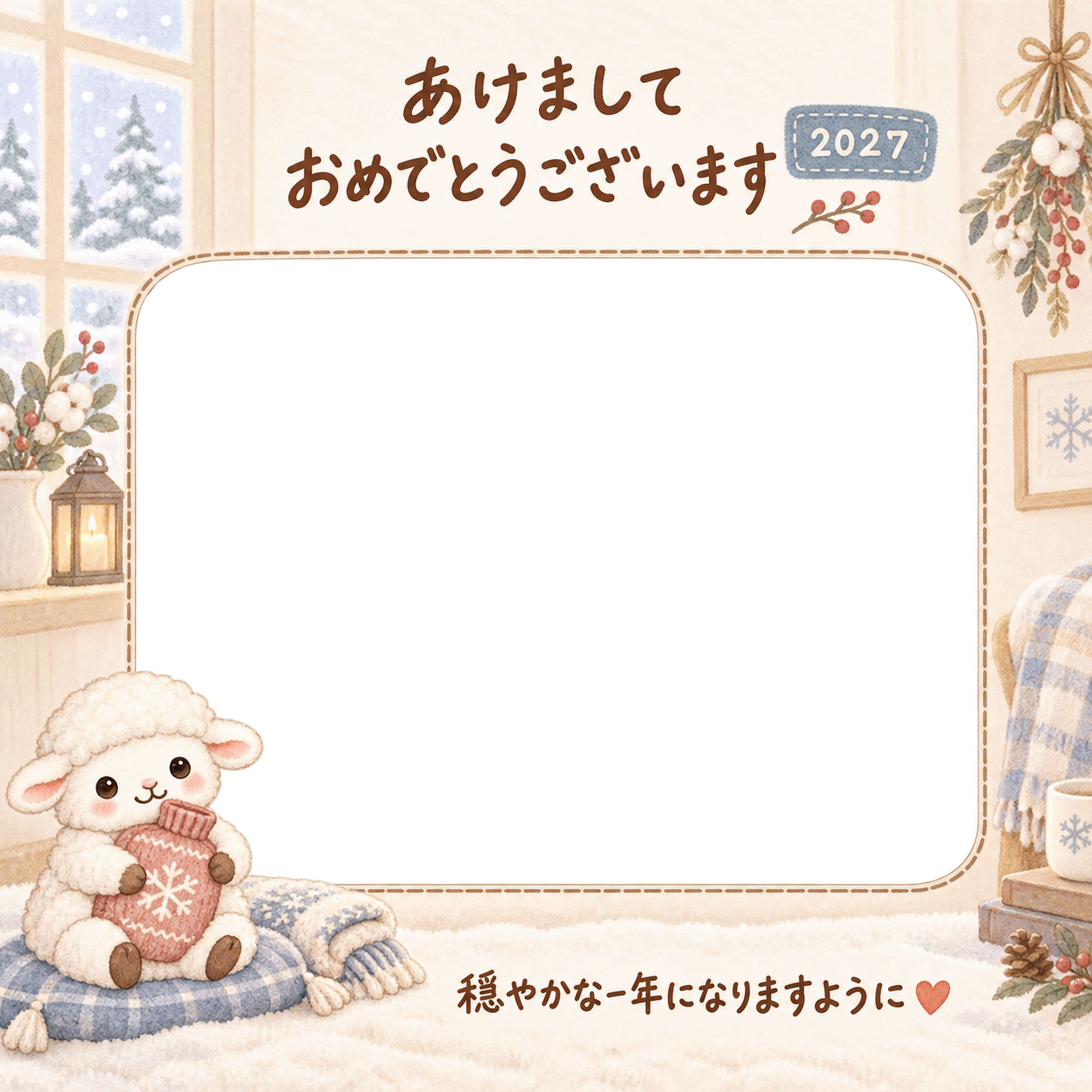 湯たんぽを抱いた羊の写真入り年賀状｜2027未年・無料イラスト 98583に写真・文字を入れる