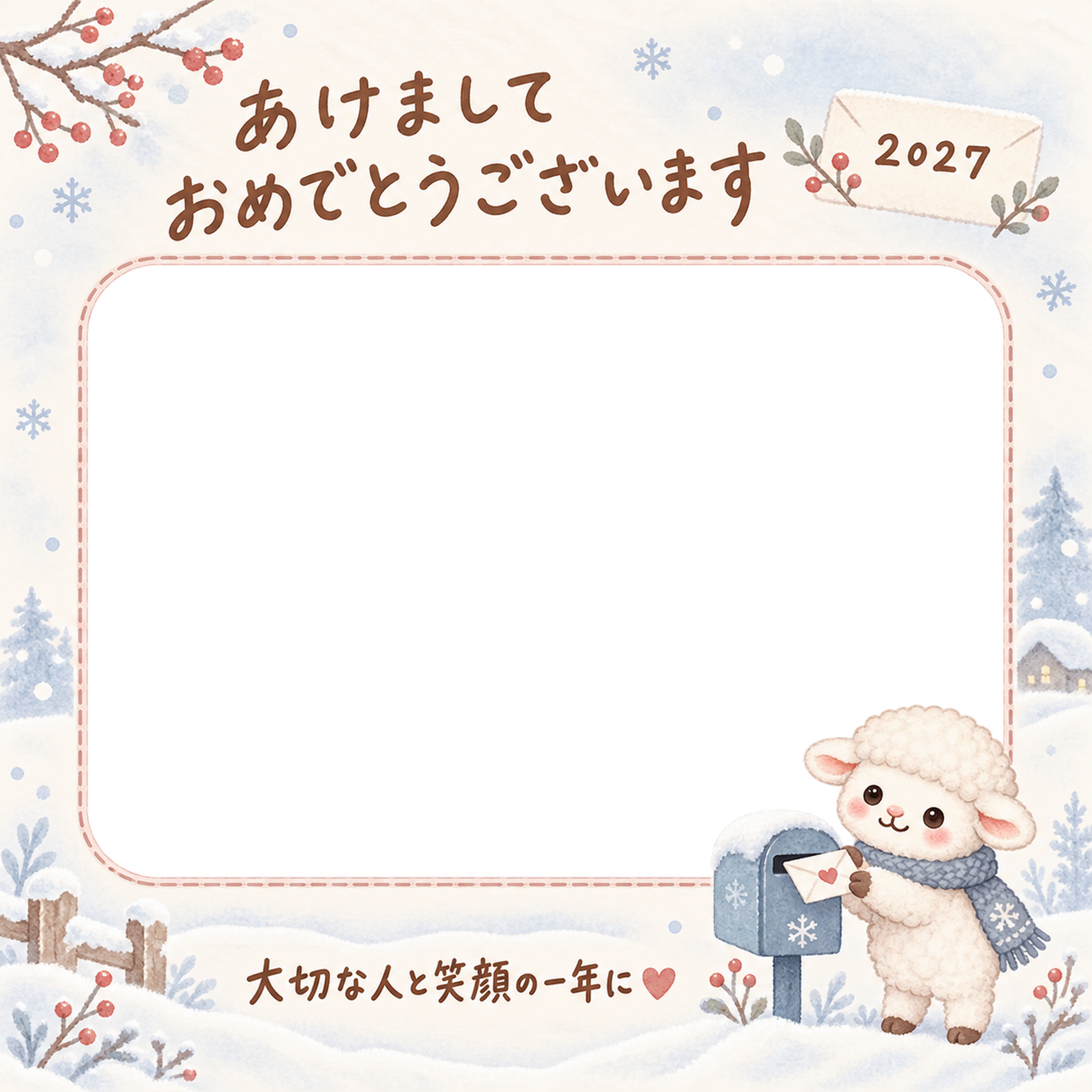 冬のお手紙を届ける羊の写真入り年賀状｜2027未年・無料イラスト 98584に写真・文字を入れる
