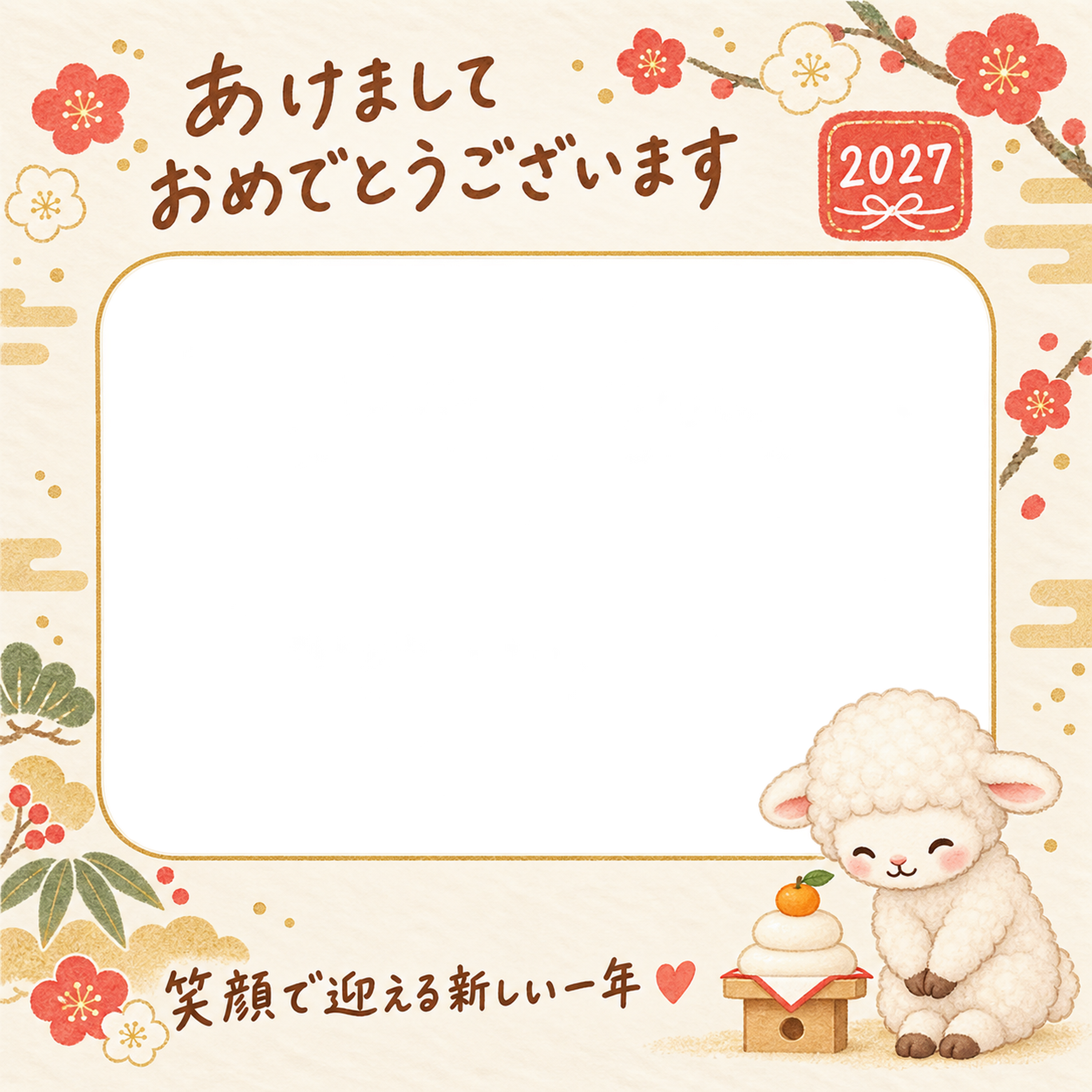 鏡餅にごあいさつする羊の写真入り年賀状｜2027未年・無料イラスト 98588に写真・文字を入れる