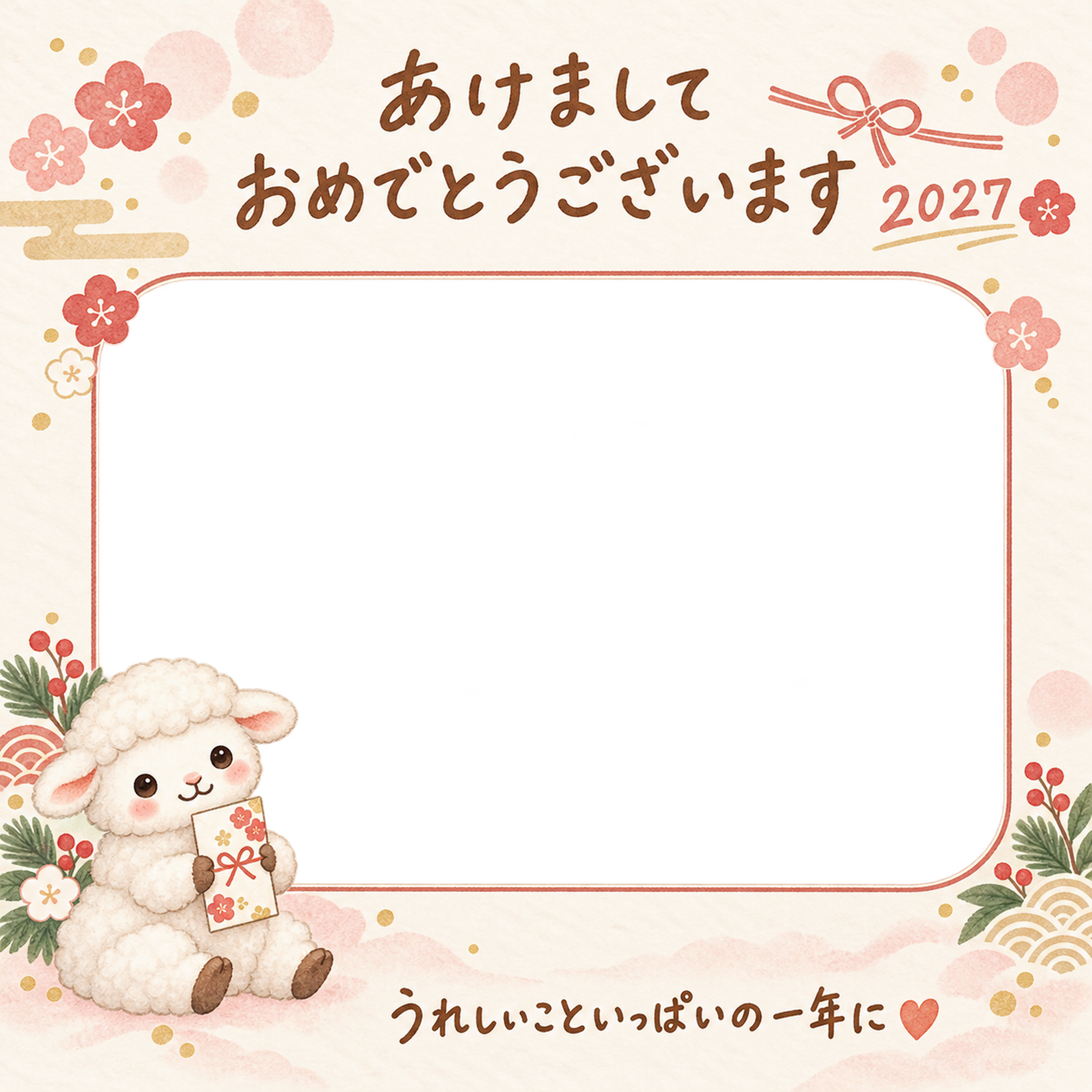 お年玉を届ける羊の写真入り年賀状｜2027未年・無料イラスト 98591に写真・文字を入れる