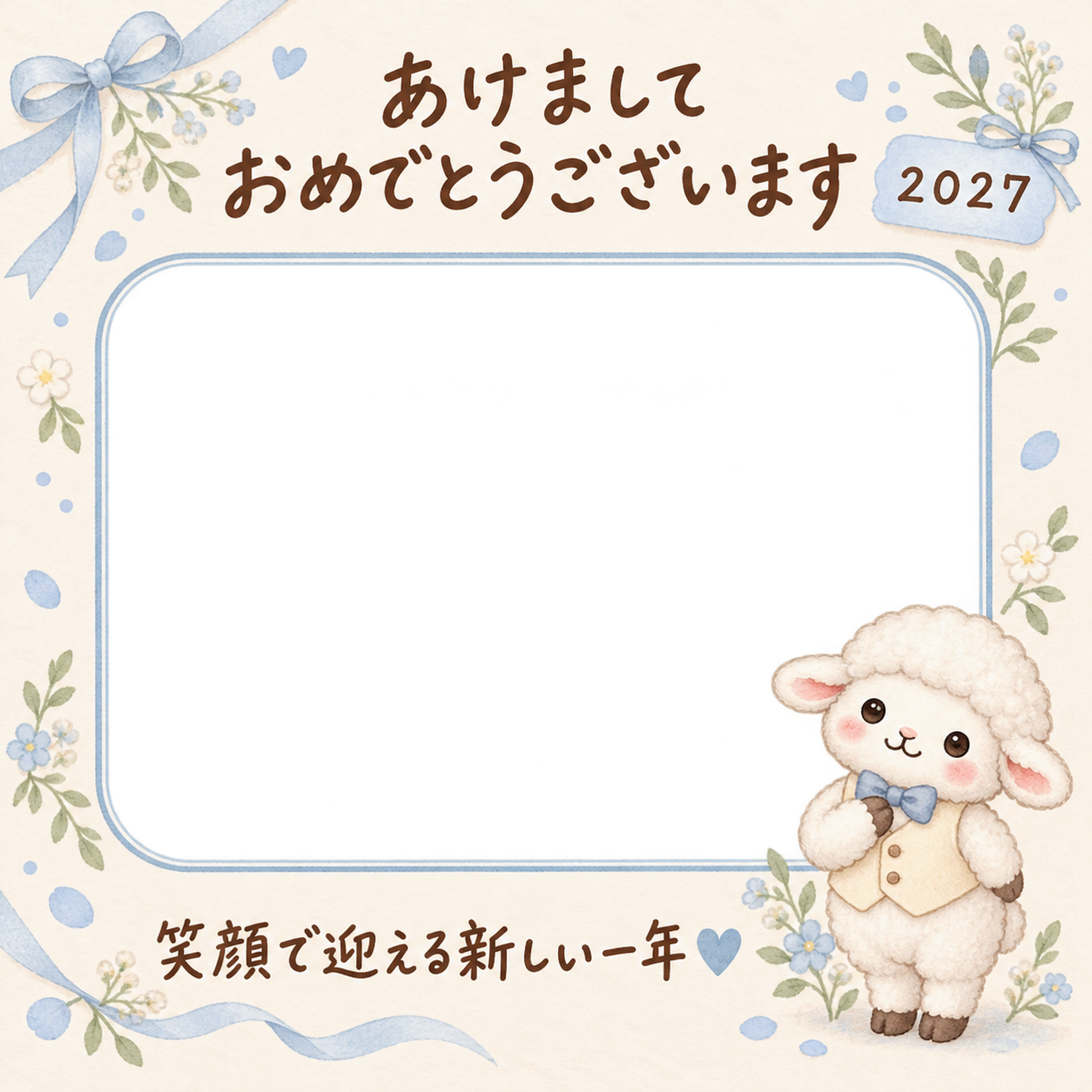 蝶ネクタイの羊の写真入り年賀状｜2027未年・無料イラスト 98601に写真・文字を入れる