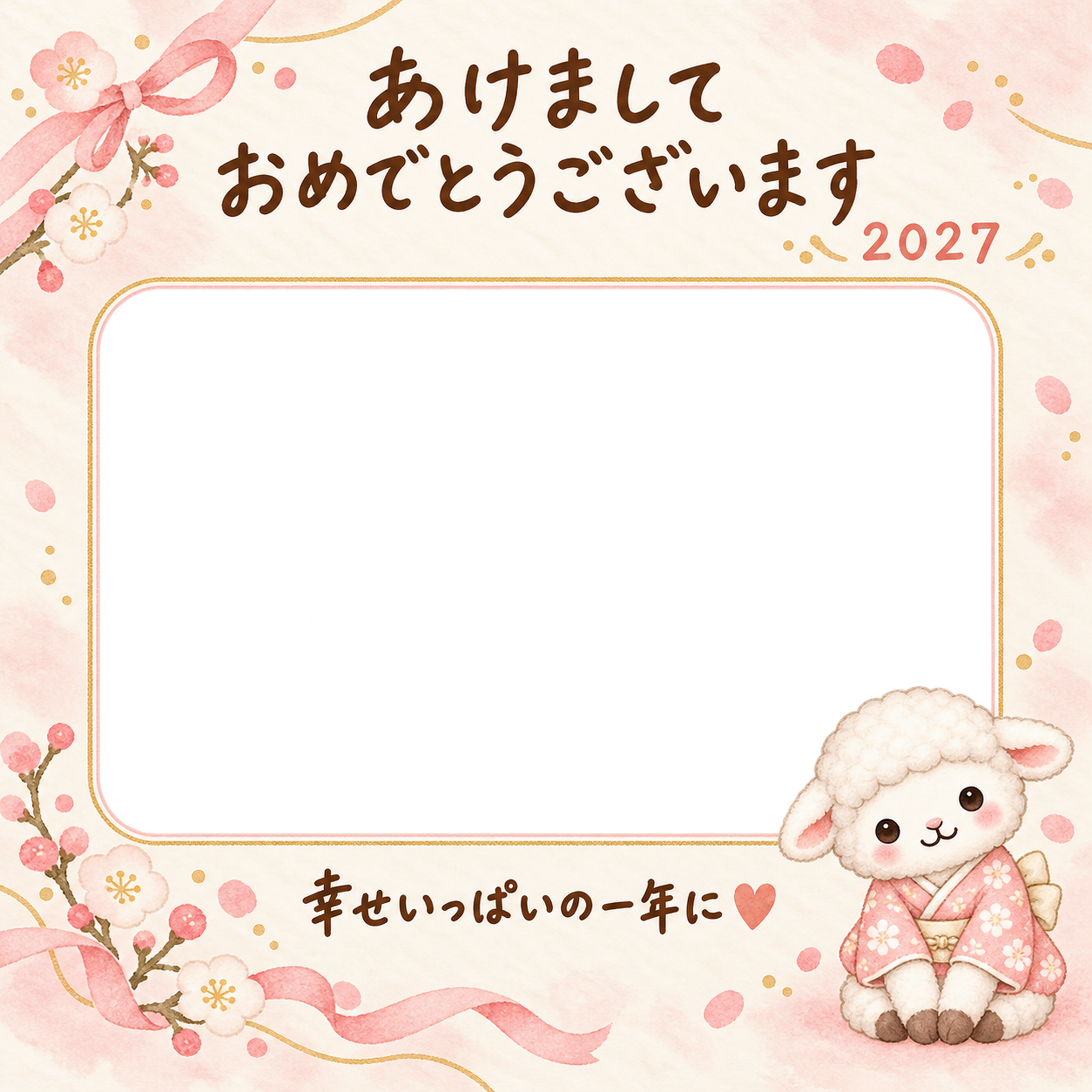 着物の羊の写真入り年賀状｜2027未年・無料イラスト 98605に写真・文字を入れる