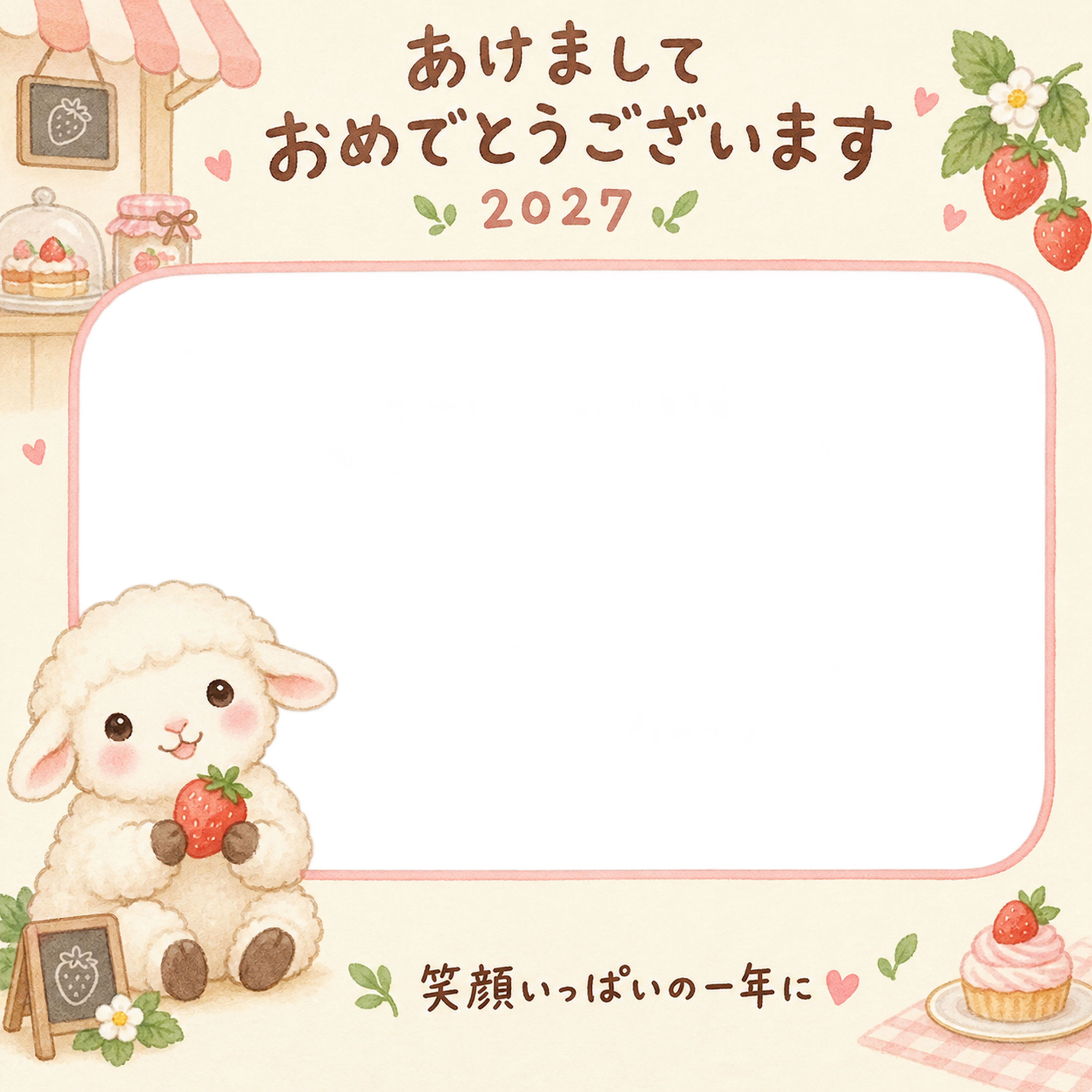 いちごを持つ羊の写真入り年賀状｜2027未年・無料イラスト 98613に写真・文字を入れる
