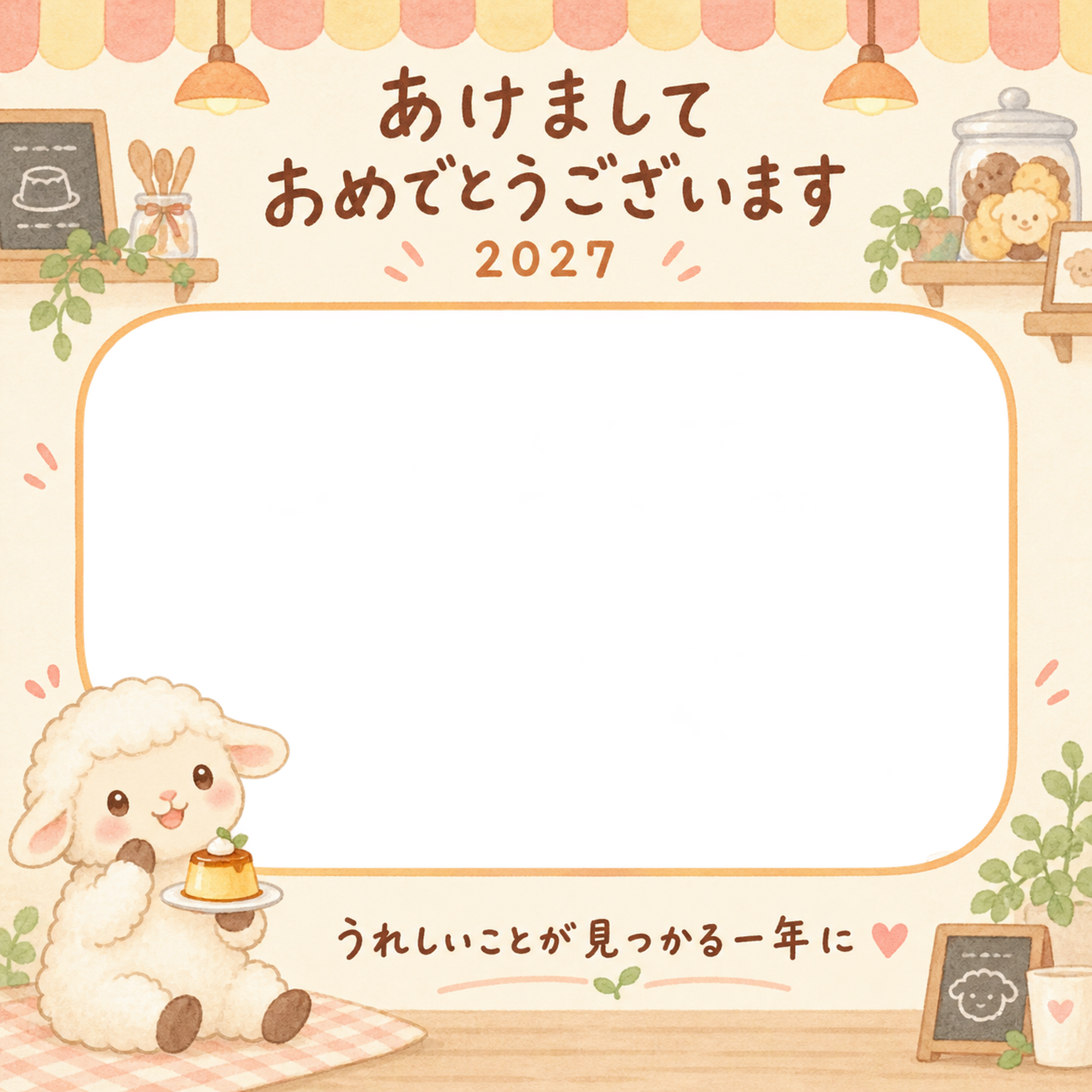 プリンを喜ぶ羊の写真入り年賀状｜2027未年・無料イラスト 98615に写真・文字を入れる