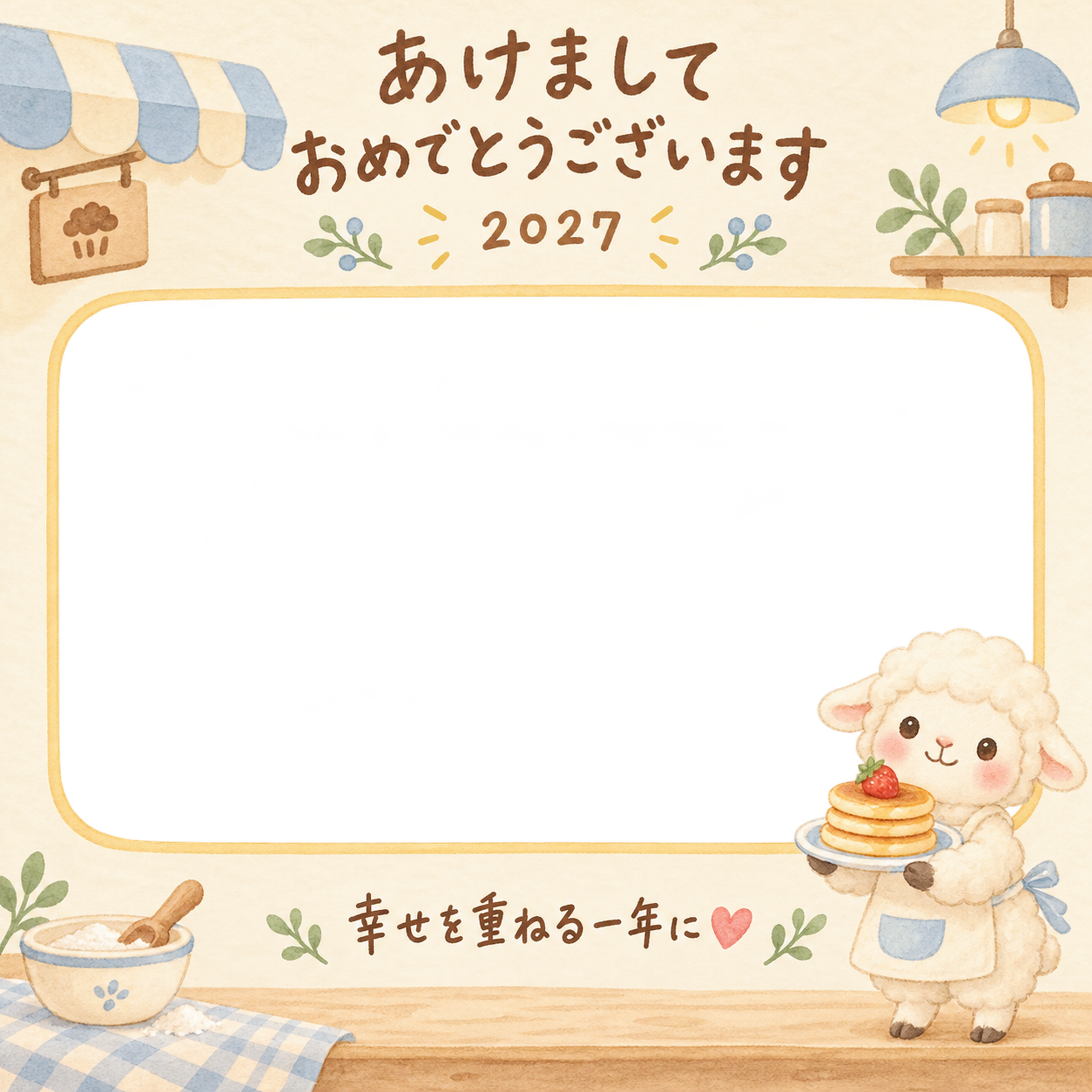 パンケーキを持つ羊の写真入り年賀状｜2027未年・無料イラスト 98616に写真・文字を入れる