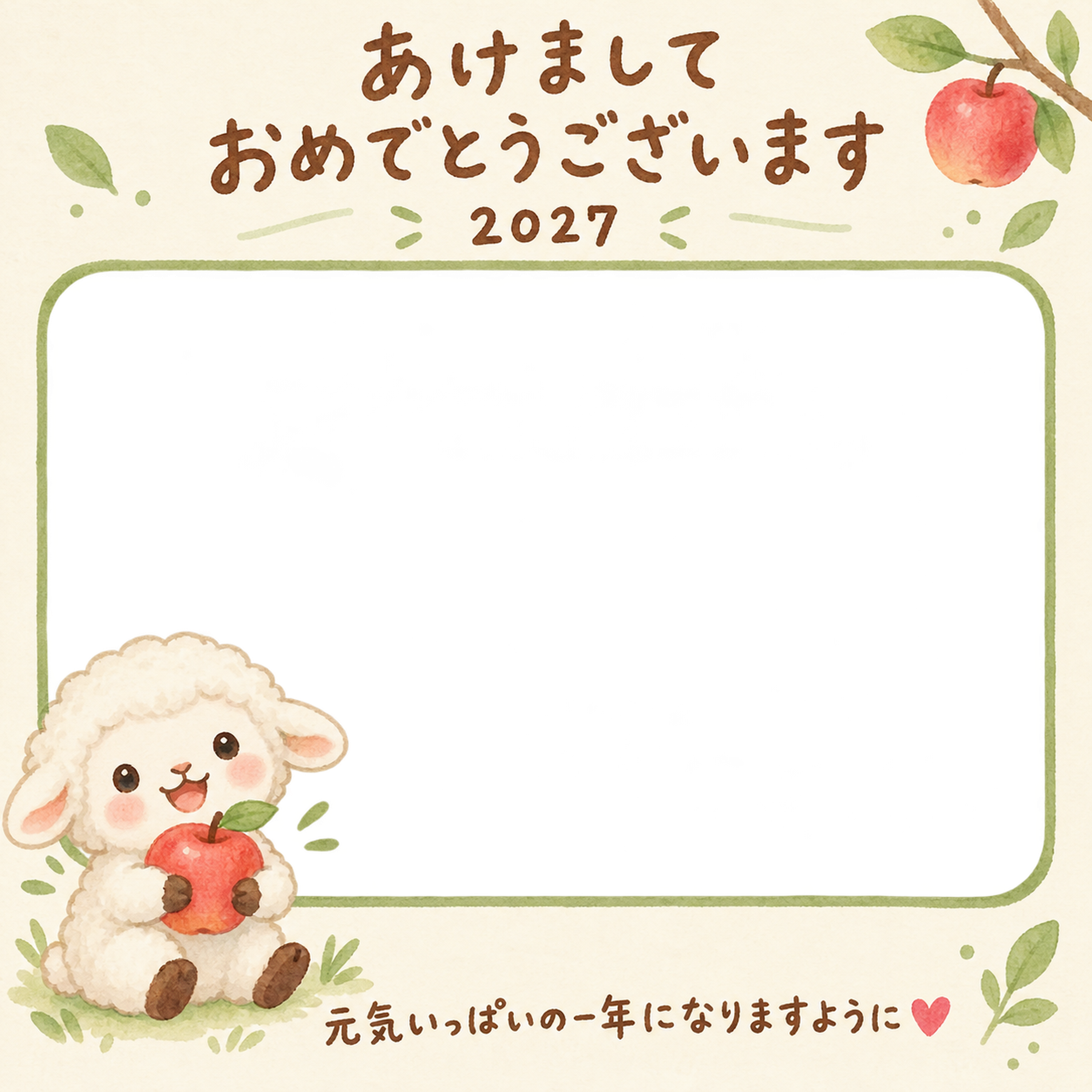 りんごを抱く羊の写真入り年賀状｜2027未年・無料イラスト 98617に写真・文字を入れる