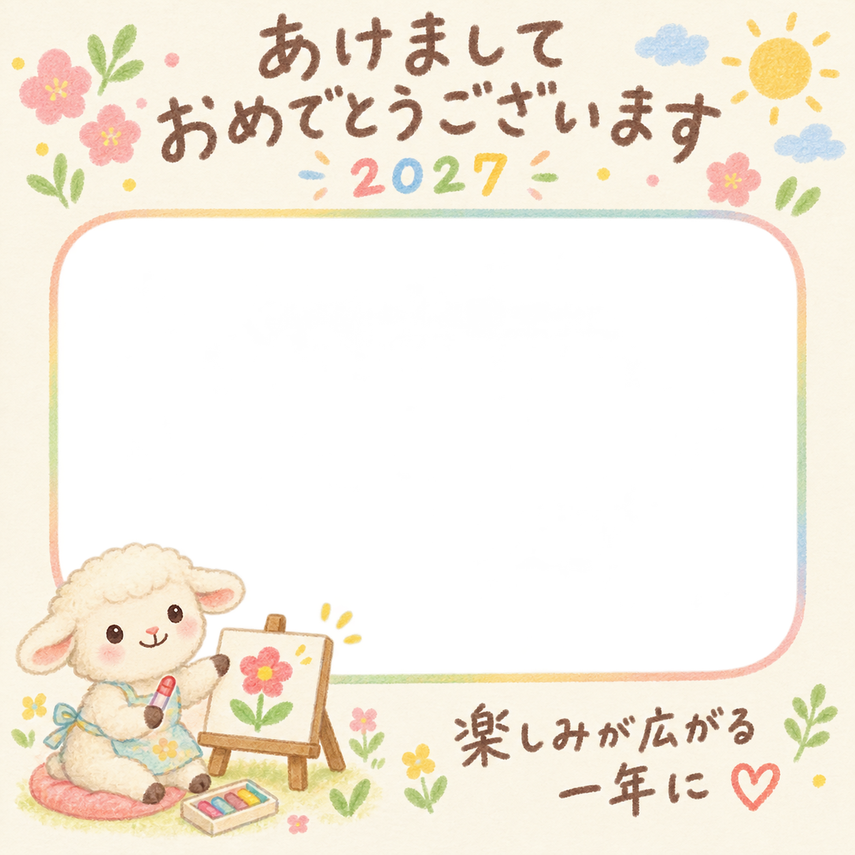 お絵描きする羊の写真入り年賀状｜2027未年・無料イラスト 98639に写真・文字を入れる