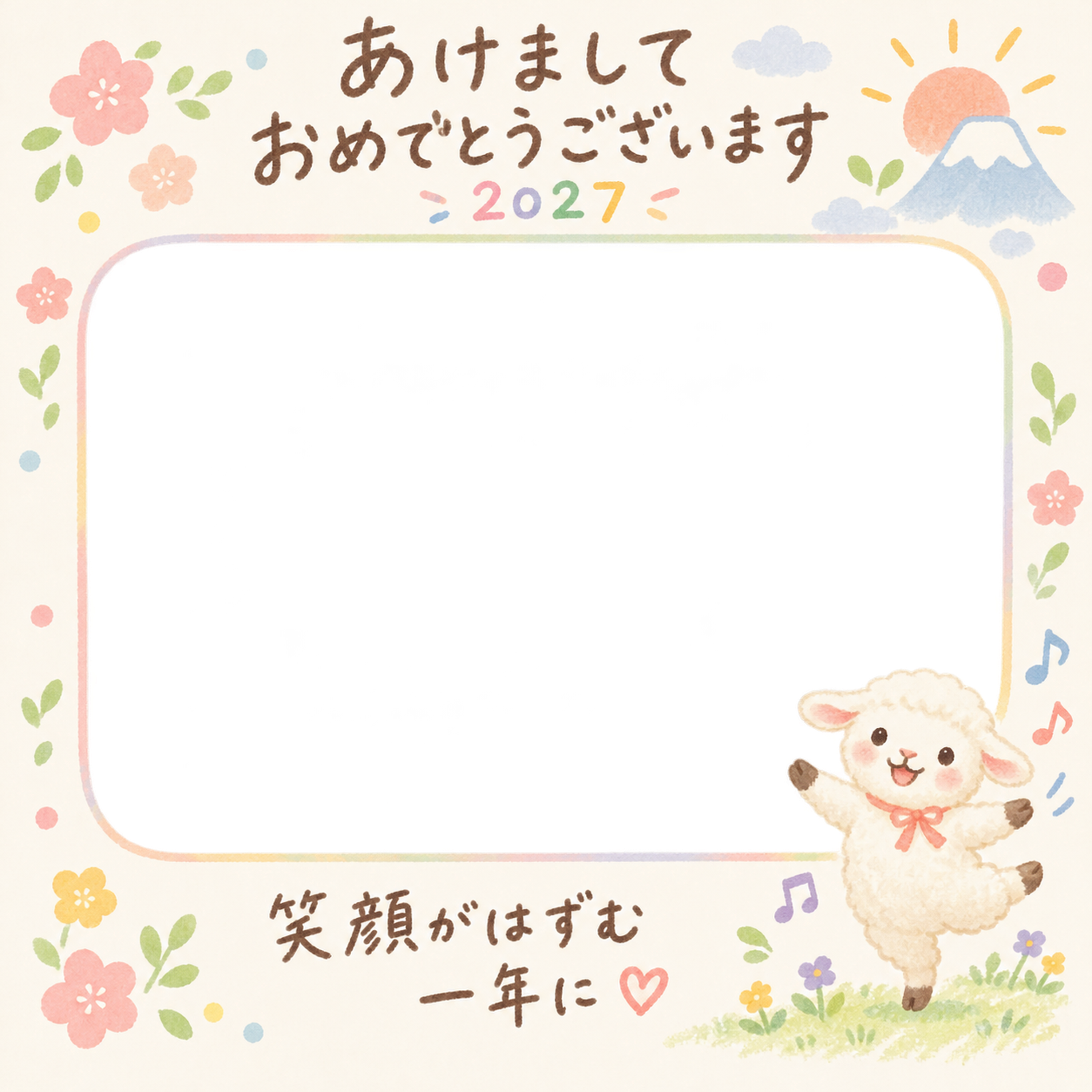 踊る羊の写真入り年賀状｜2027未年・無料イラスト 98642に写真・文字を入れる