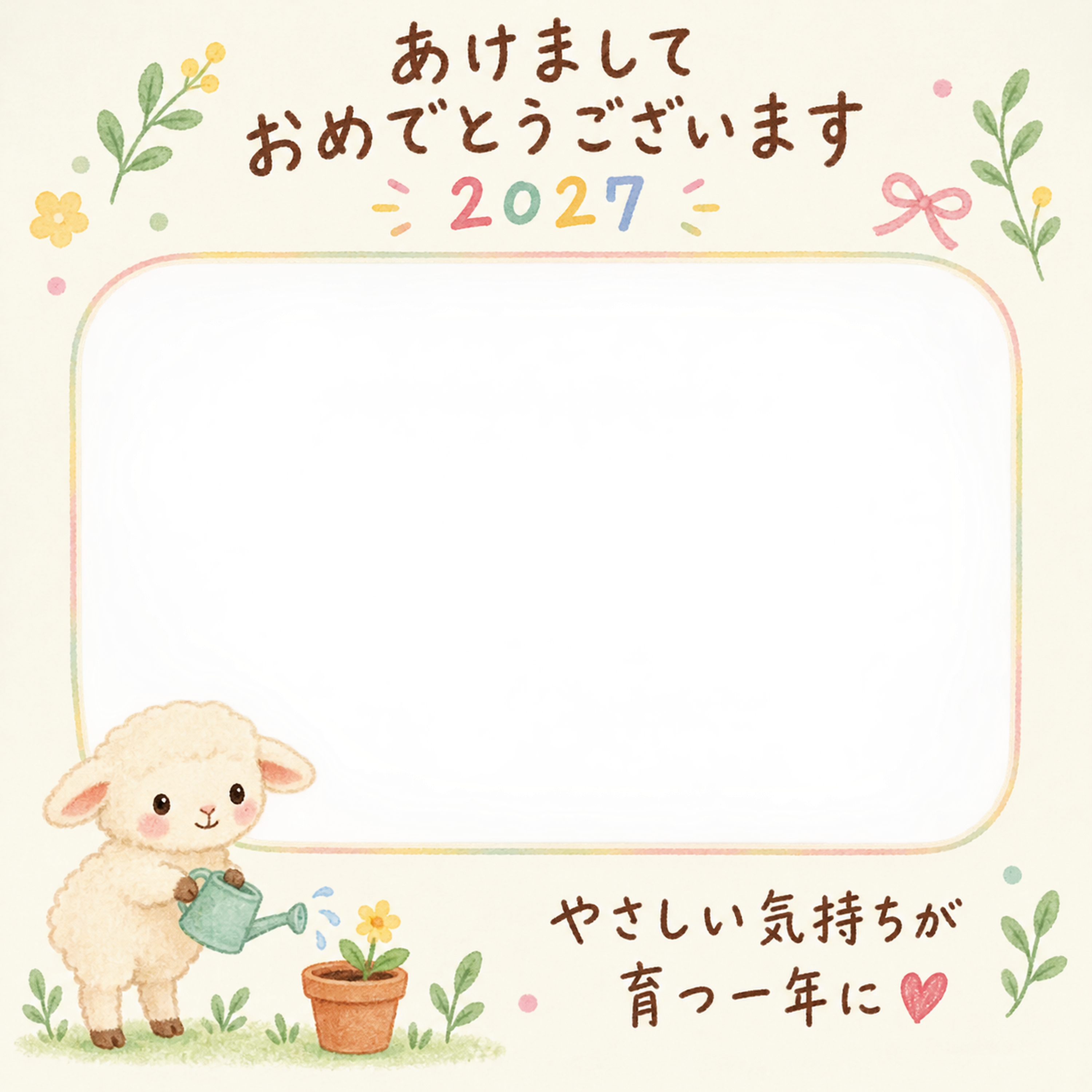 花を育てる羊の写真入り年賀状｜2027未年・無料イラスト 98643に写真・文字を入れる