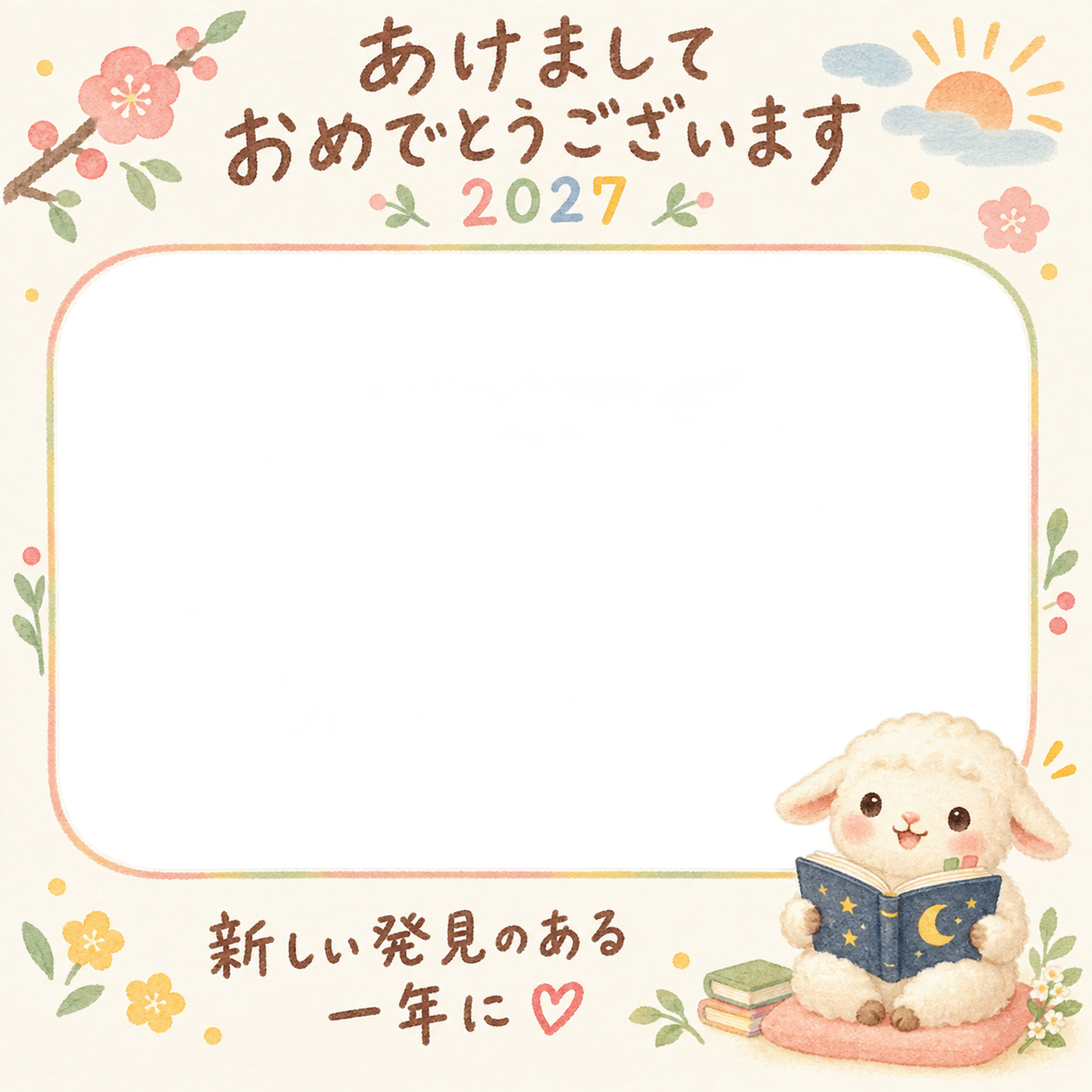 本を読む羊の写真入り年賀状｜2027未年・無料イラスト 98644に写真・文字を入れる