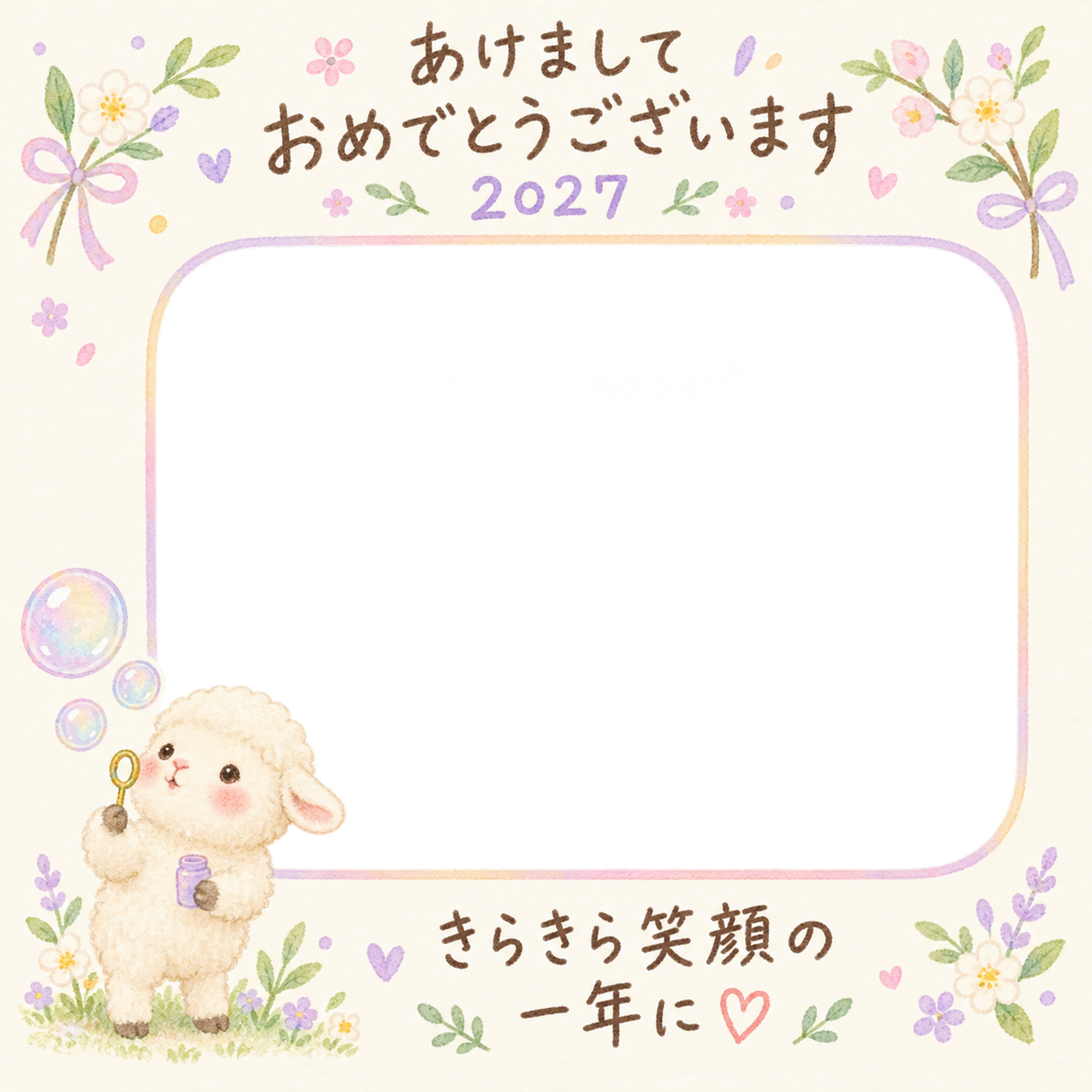 シャボン玉を吹く羊の写真入り年賀状｜2027未年・無料イラスト 98649に写真・文字を入れる