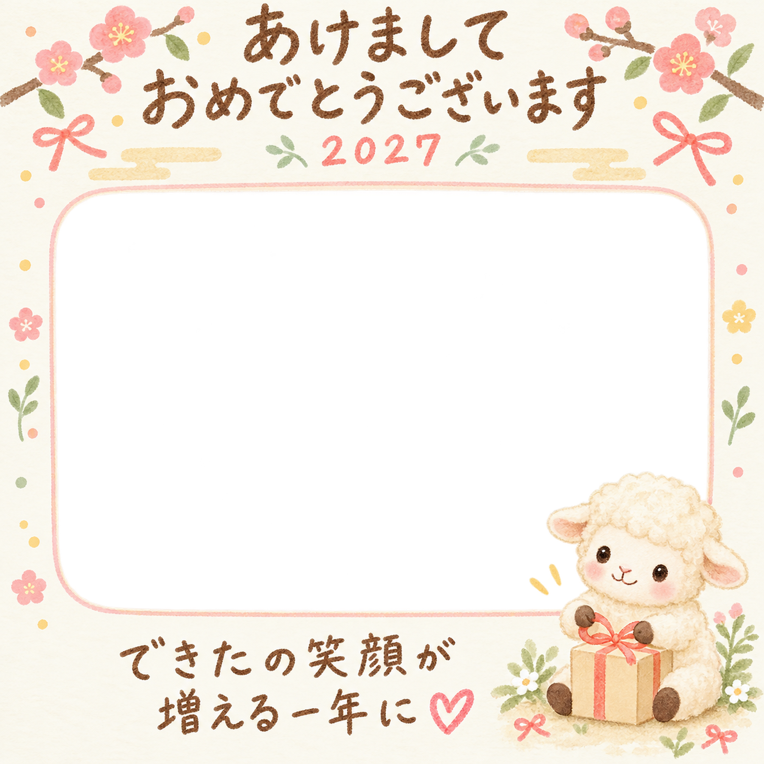 リボンを結ぶ羊の写真入り年賀状｜2027未年・無料イラスト 98650に写真・文字を入れる