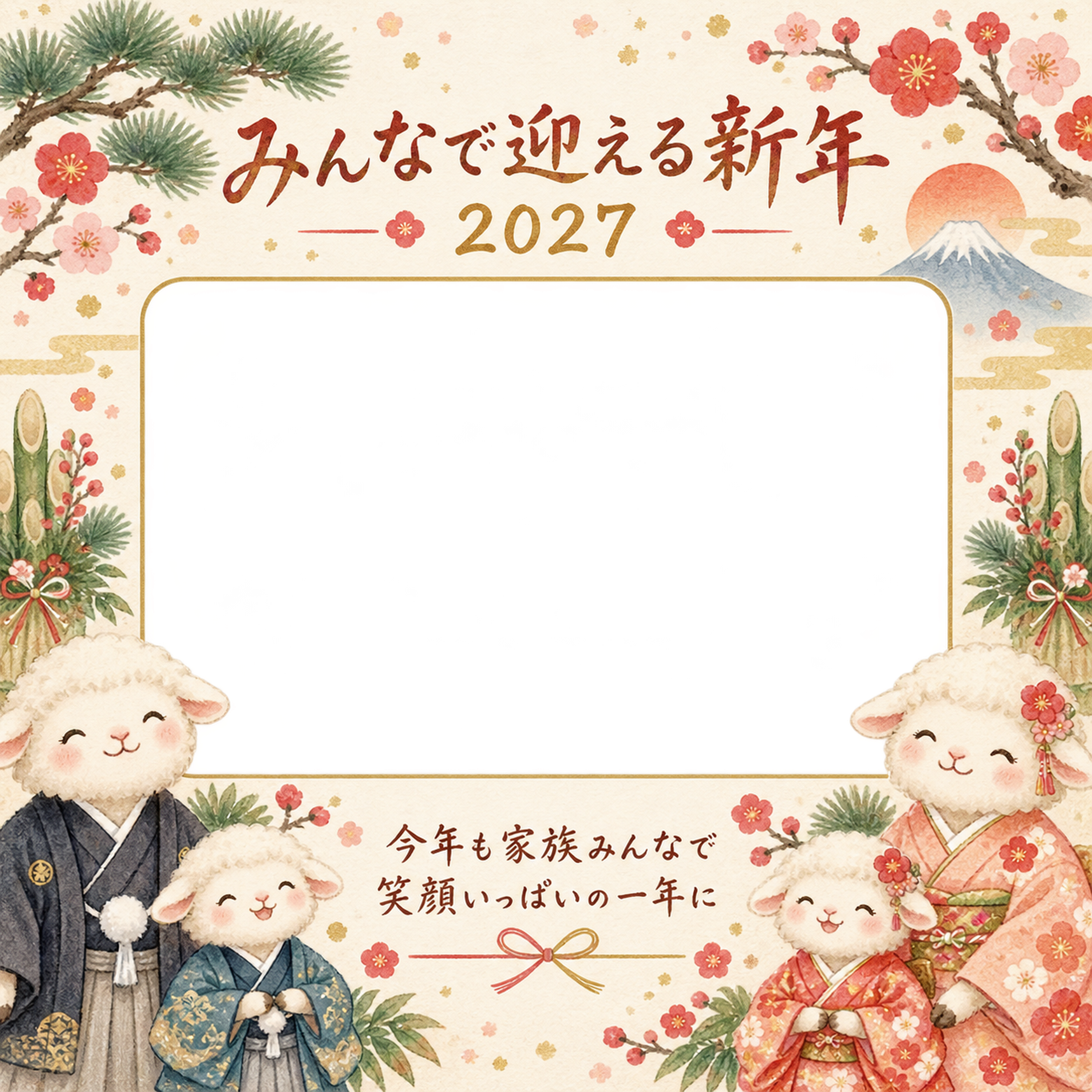 梅と松のひつじ家族の写真年賀状｜2027未年・無料イラスト 98652に写真・文字を入れる