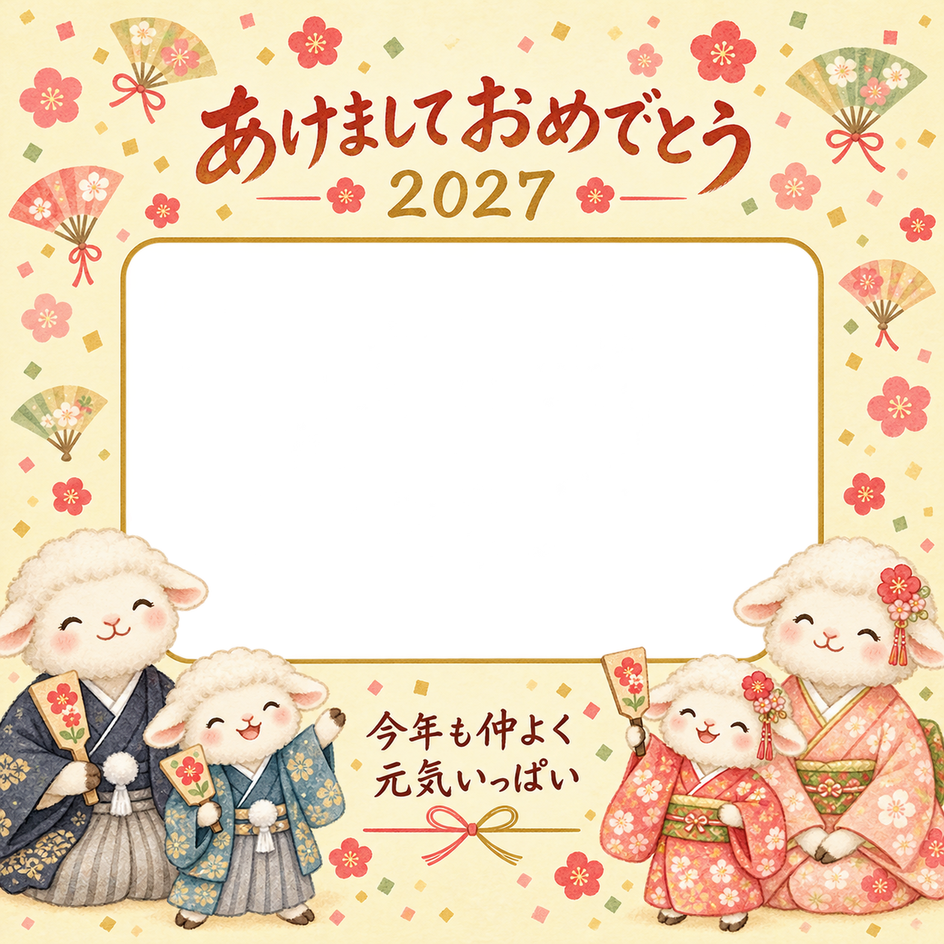 黄色の扇と紙吹雪のひつじ家族の写真年賀状｜2027未年・無料イラスト 98655に写真・文字を入れる