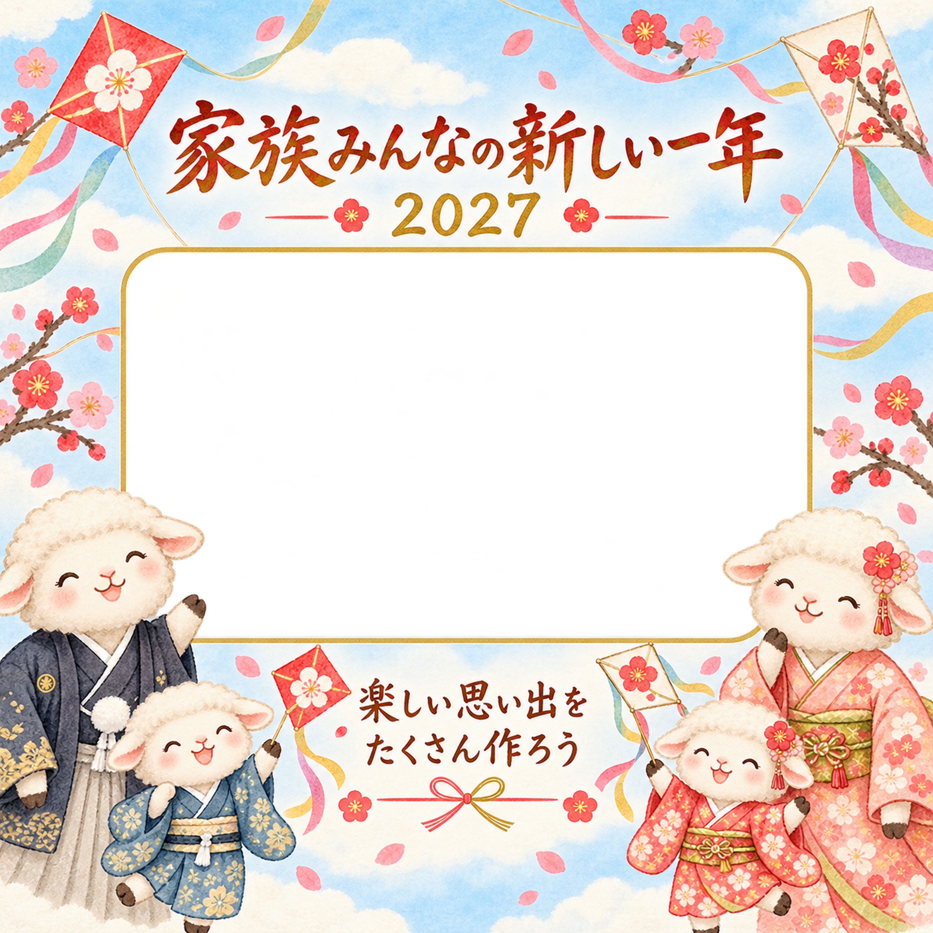 青空と凧あげのひつじ家族の写真年賀状｜2027未年・無料イラスト 98657に写真・文字を入れる