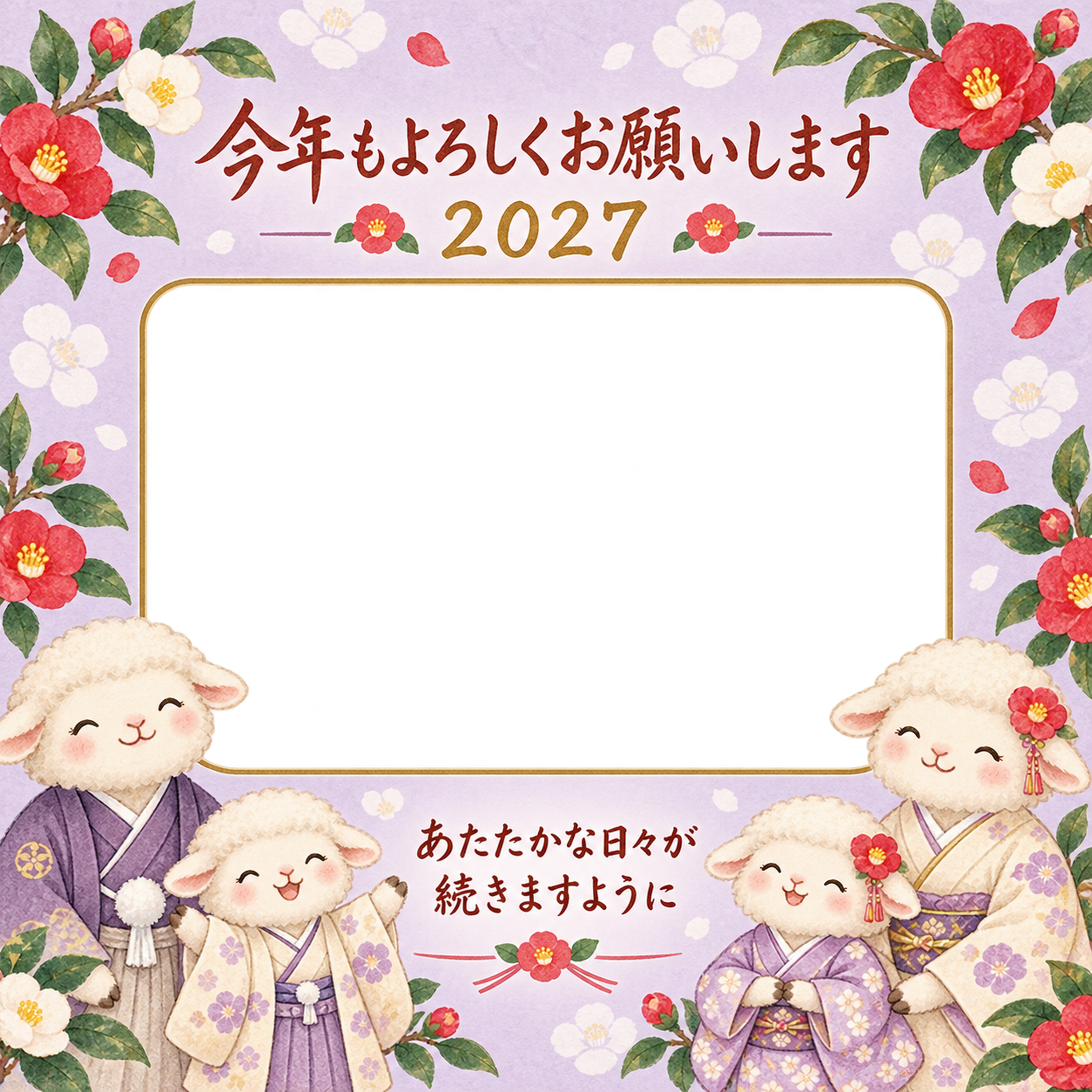 薄紫の椿のひつじ家族の写真年賀状｜2027未年・無料イラスト 98658に写真・文字を入れる