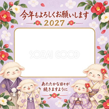 薄紫の椿のひつじ家族の写真年賀状｜2027未年・無料イラスト 98658