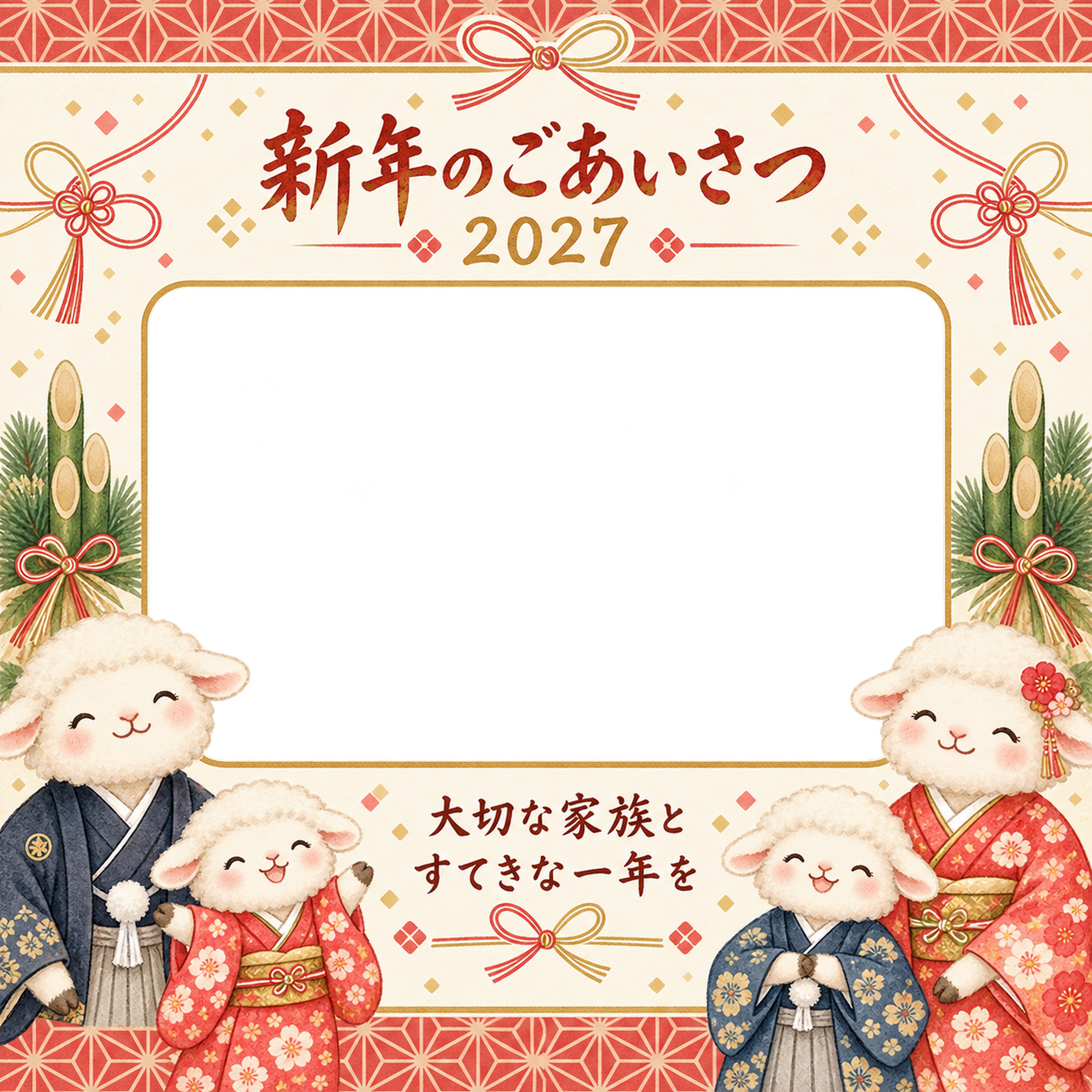 赤い麻の葉模様のひつじ家族の写真年賀状｜2027未年・無料イラスト 98660に写真・文字を入れる