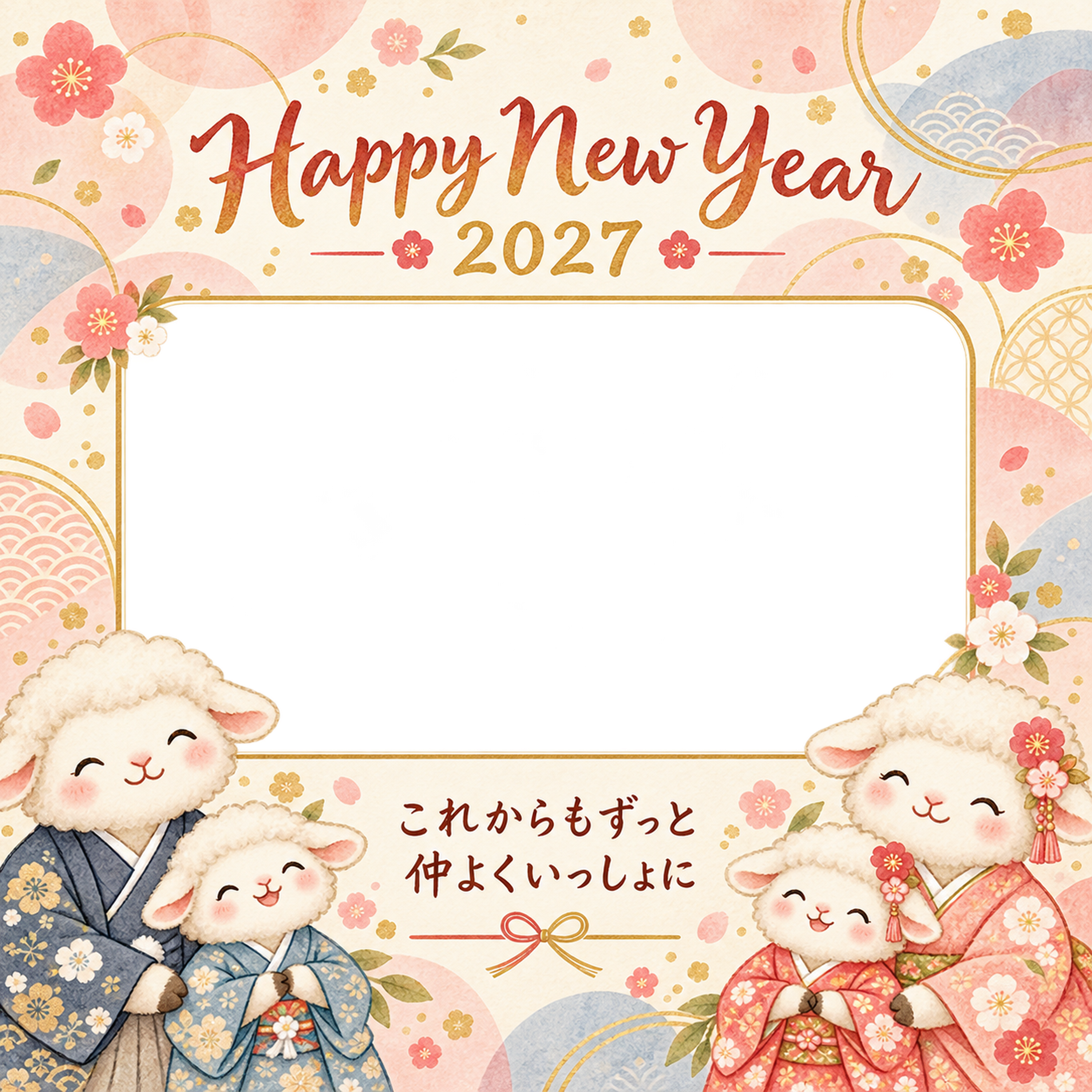 英語の挨拶と淡い丸模様のひつじ家族の写真年賀状｜2027未年・無料イラスト 98662に写真・文字を入れる