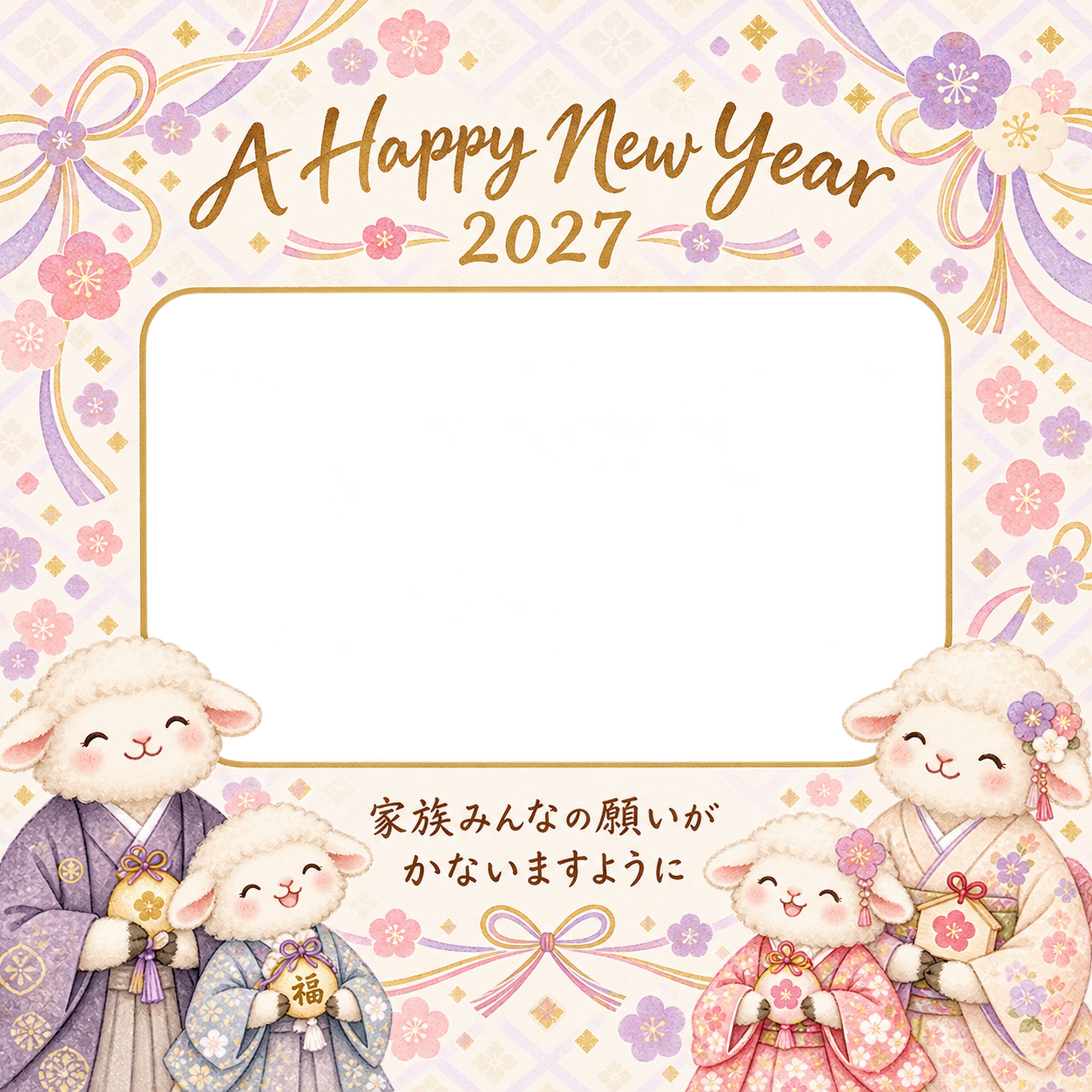 英語の挨拶と薄紫のリボンのひつじ家族の写真年賀状｜2027未年・無料イラスト 98663に写真・文字を入れる