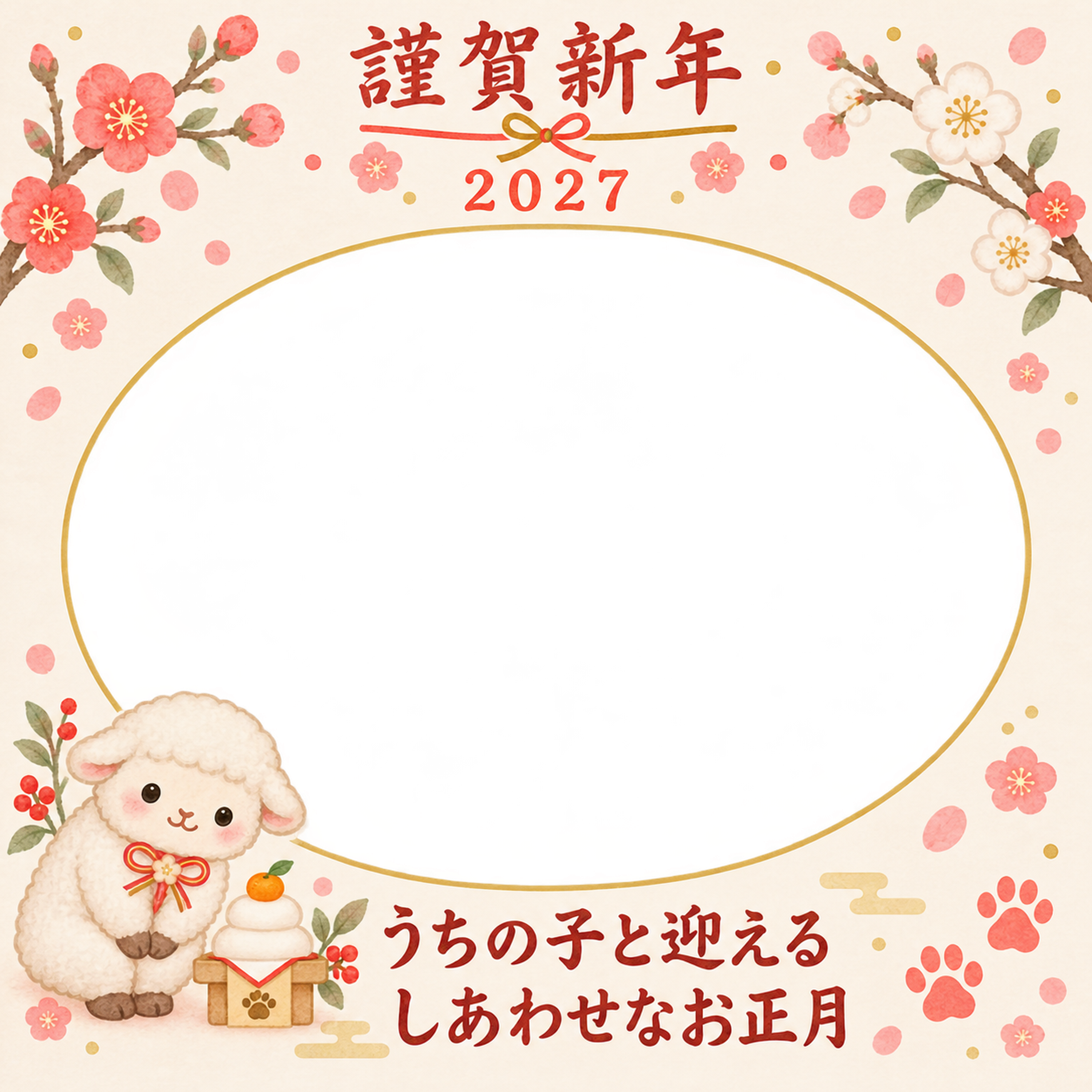 鏡餅とお辞儀と羊のペット写真年賀状｜2027未年・無料イラスト 98666に写真・文字を入れる