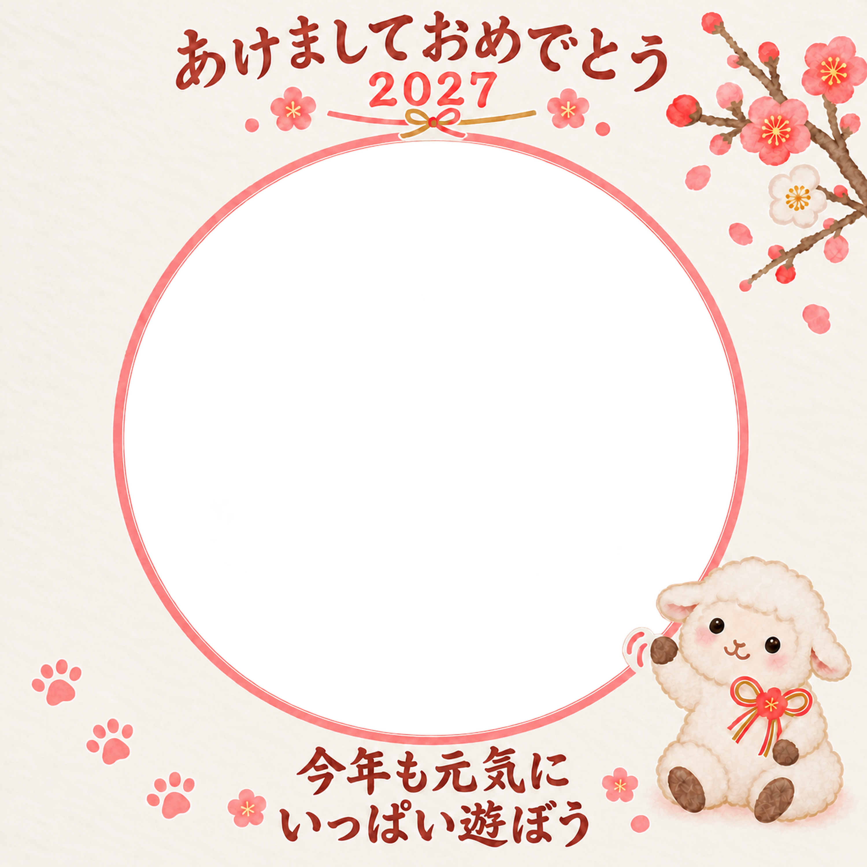 肉球と紅白梅と羊のペット写真年賀状｜2027未年・無料イラスト 98667に写真・文字を入れる