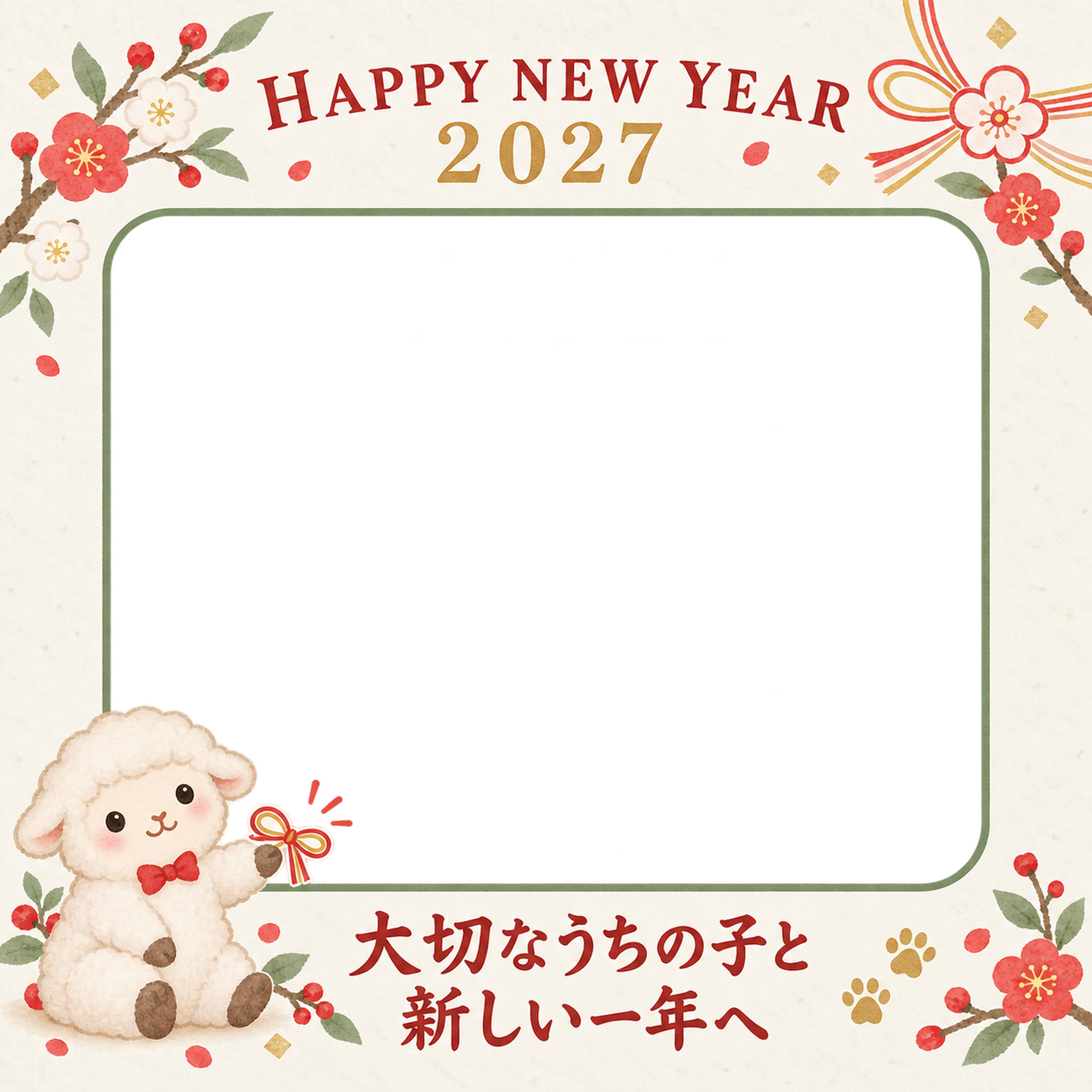 お揃いリボンと羊のペット写真年賀状｜2027未年・無料イラスト 98668に写真・文字を入れる