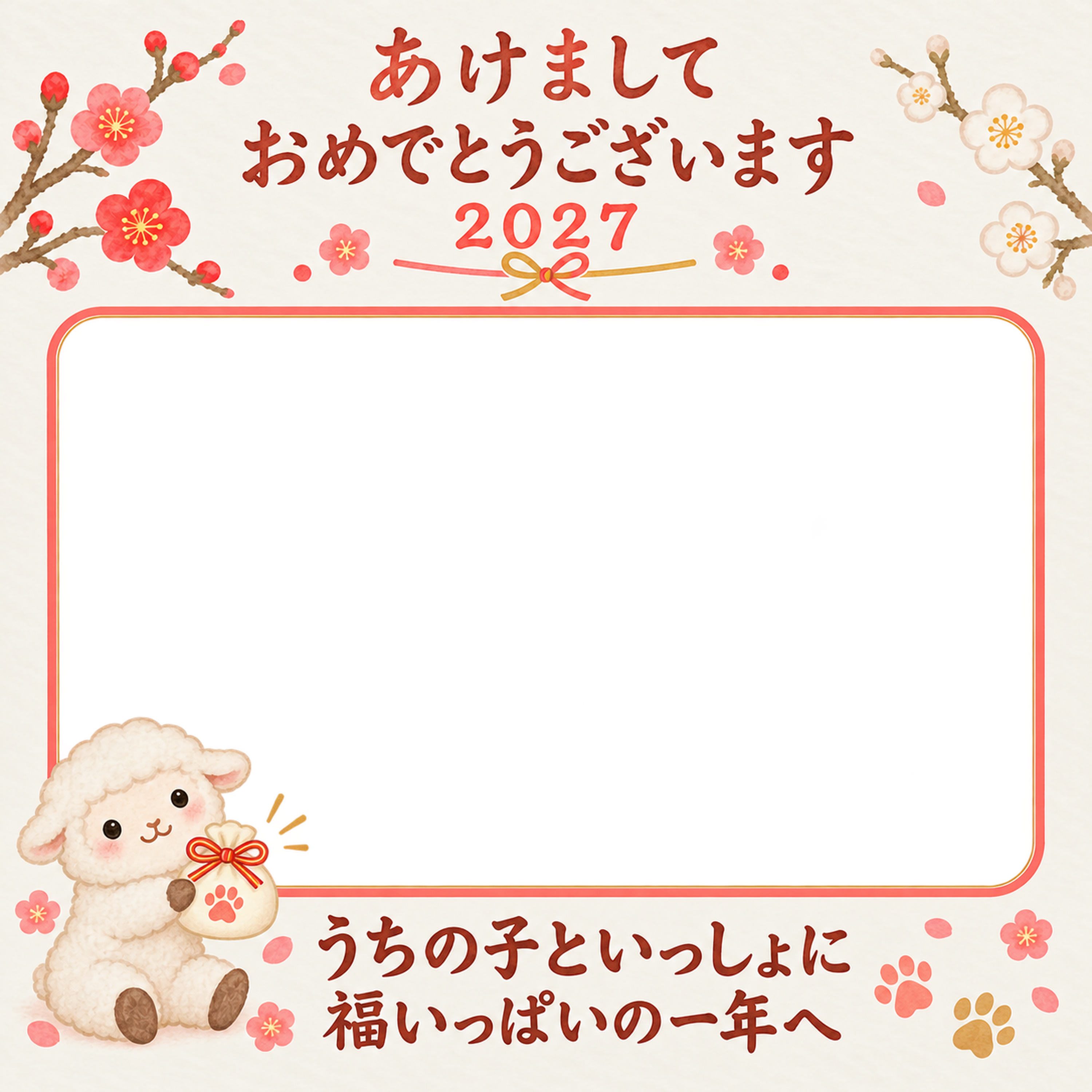 福を届ける小袋と羊のペット写真年賀状｜2027未年・無料イラスト 98670に写真・文字を入れる