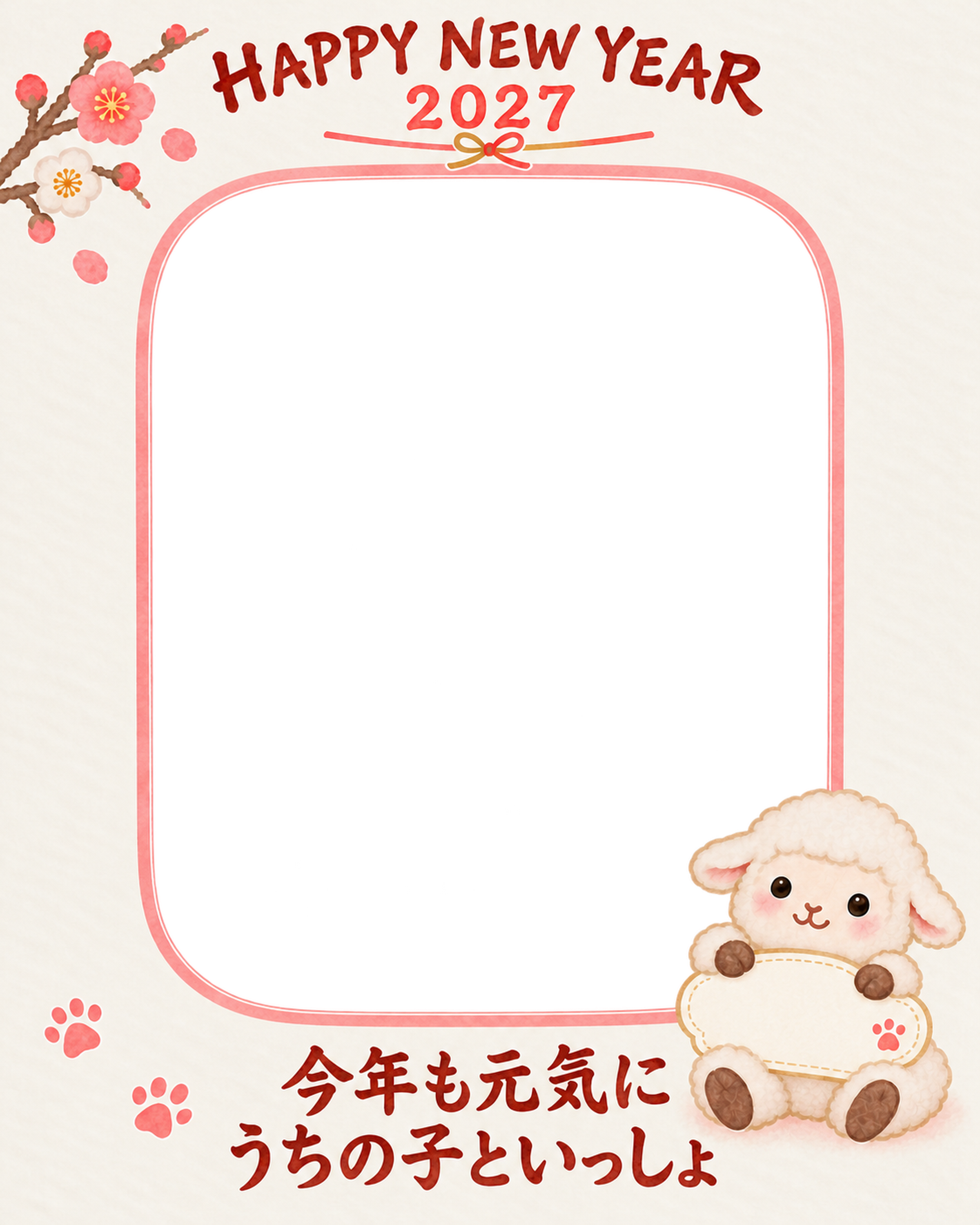 縦長の紅白水引のペット写真年賀状｜2027未年・無料イラスト 98675に写真・文字を入れる