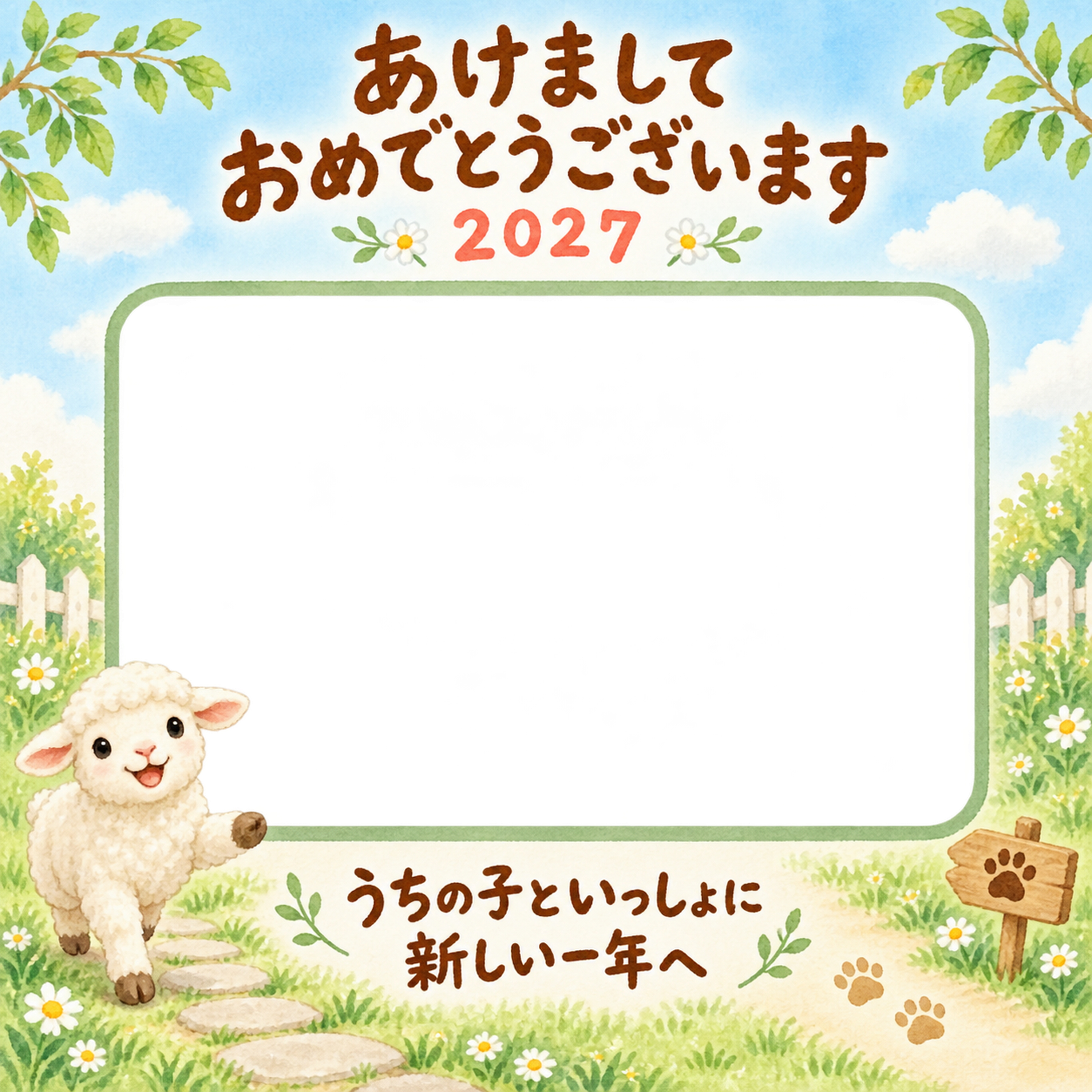 小道で誘う羊のペット写真年賀状｜2027未年・無料イラスト 98678に写真・文字を入れる
