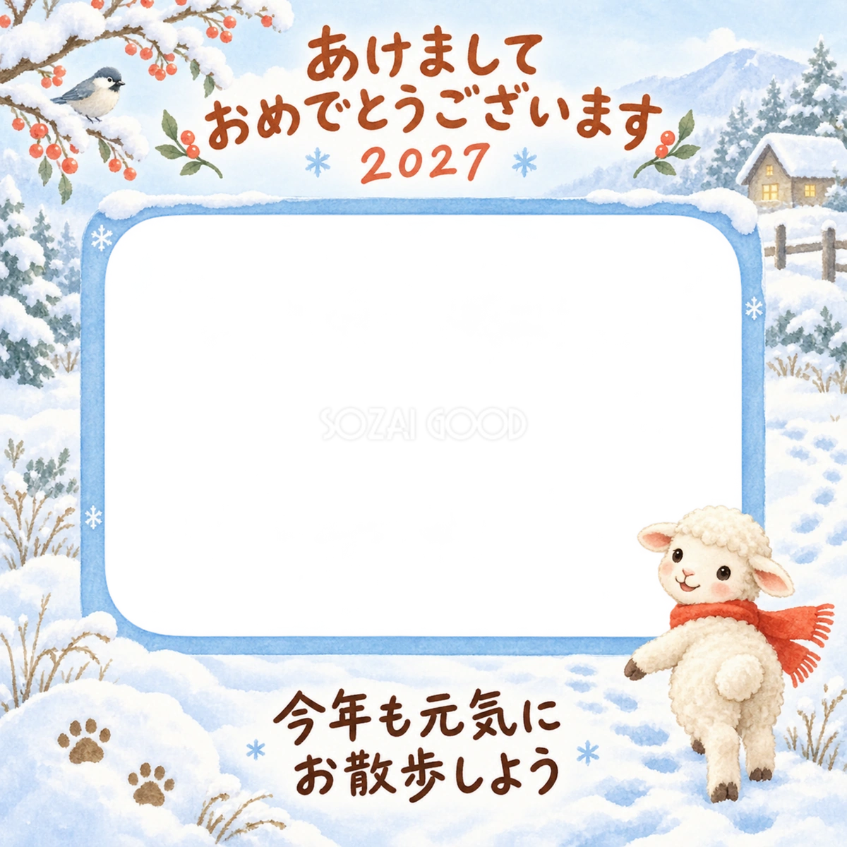 雪道で振り返る羊のペット写真年賀状|2027未年・無料イラスト 98681