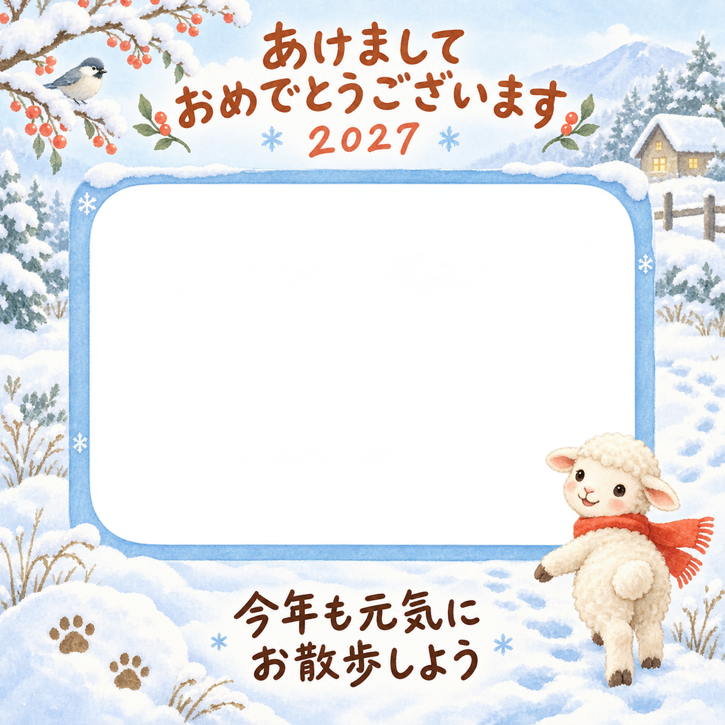 雪道で振り返る羊のペット写真年賀状｜2027未年・無料イラスト 98681に写真・文字を入れる